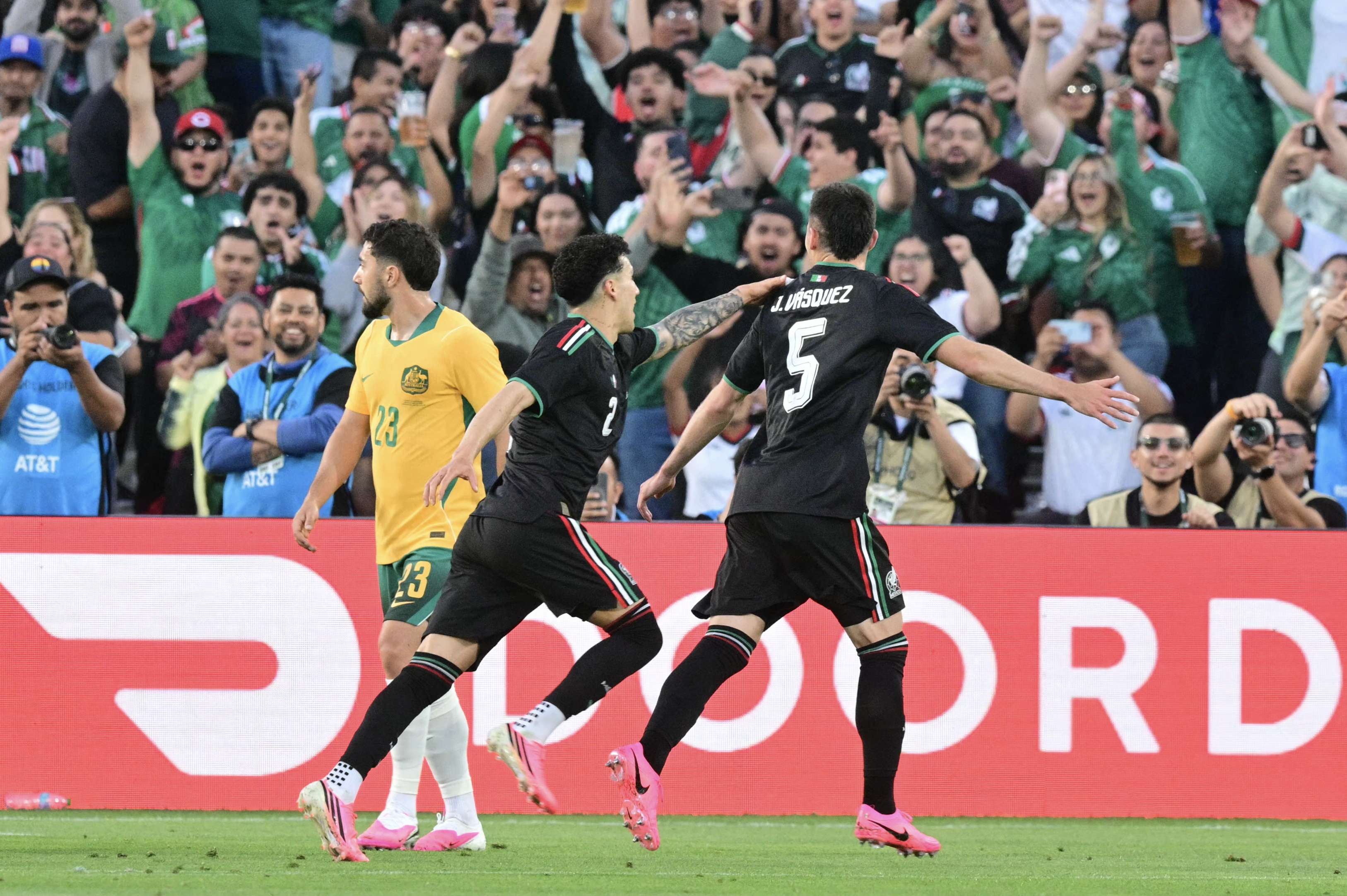 Mexico's defender #05 Johan Vasquez celebrates after scoring a goal during a friendly football match between Mexico and Australia at The Rose Bowl in Pasadena, California, on May 30, 2026. (Photo by Frederic J. Brown / AFP)