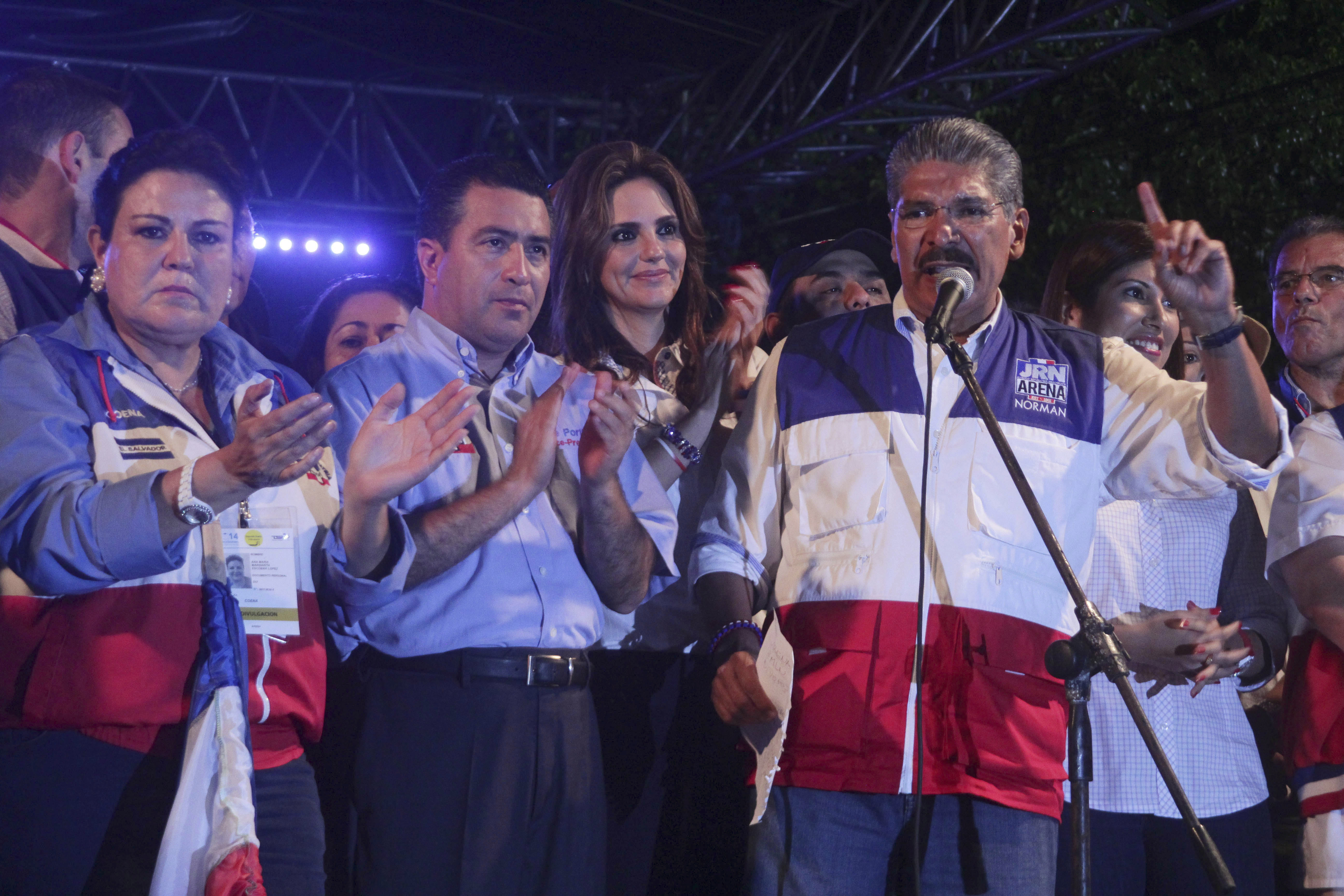 Norman Quijano (R), a conservative ARENA figure and one-time political rival to Nayib Bukele, addresses supporters after the 2014 presidential runoff, on March 9, 2014