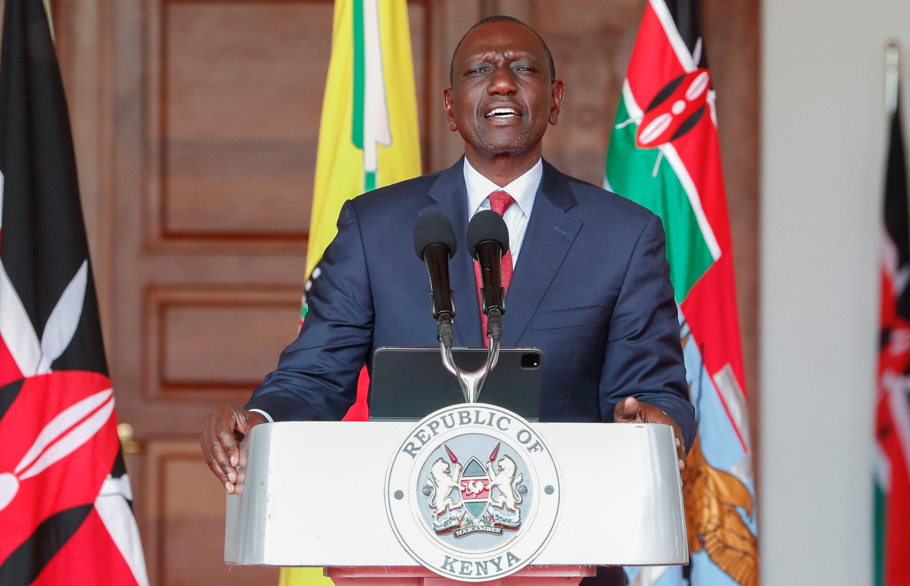 Kenya’s President William Ruto addresses the nation after he dissolved his entire cabinet apart from the foreign minister in the wake of nationwide protests over new taxes, at the State House in Nairobi, Kenya, on July 11, 2024