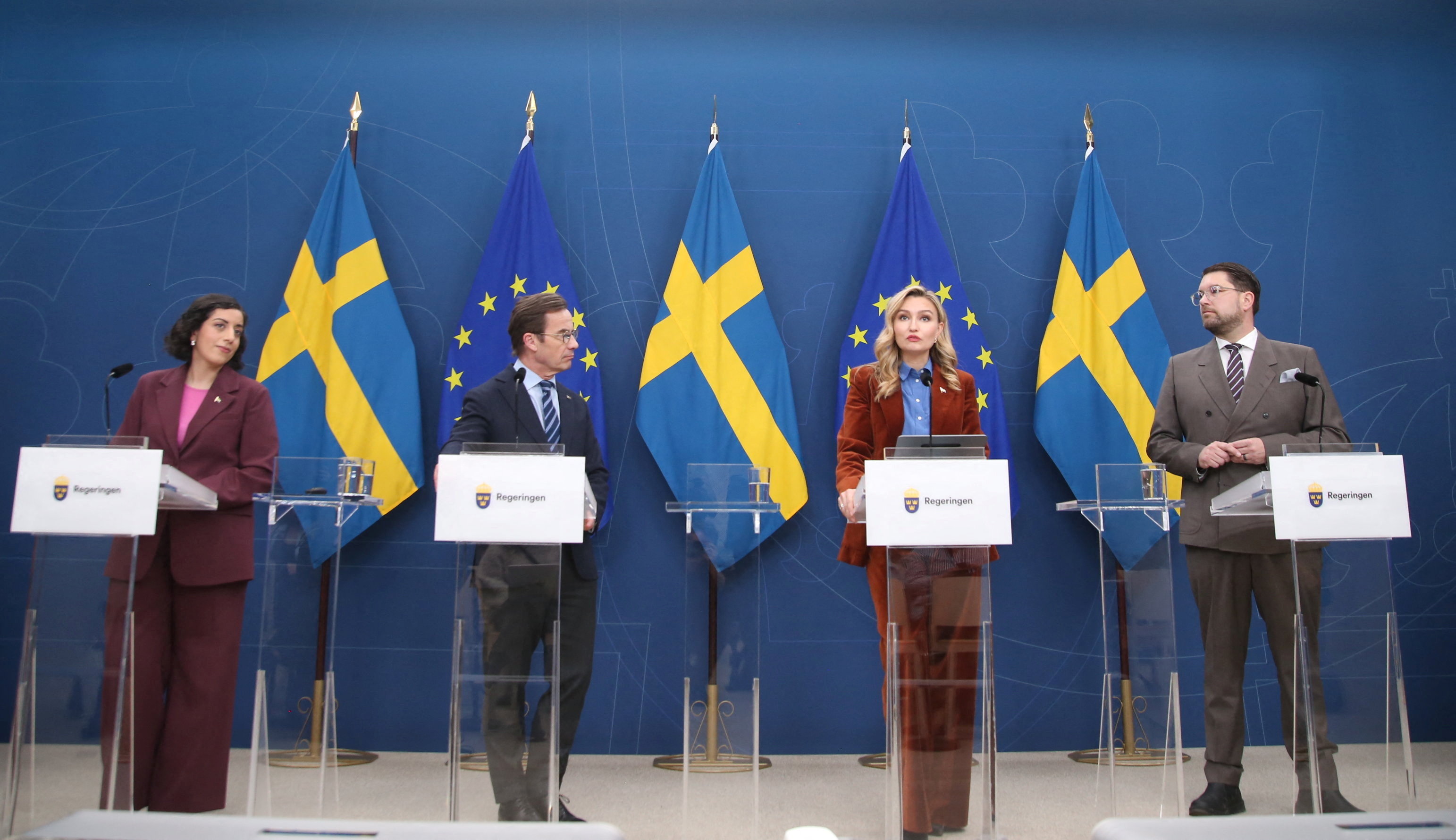 From right, SD leader Jimmie Akesson; Minister for Energy, Business and Industry Ebba Busch; Prime Minister Ulf Kristersson; and Education and Integration Minister Simona Mohamsson attend a news conference in Stockholm, Sweden, March 6, 2026