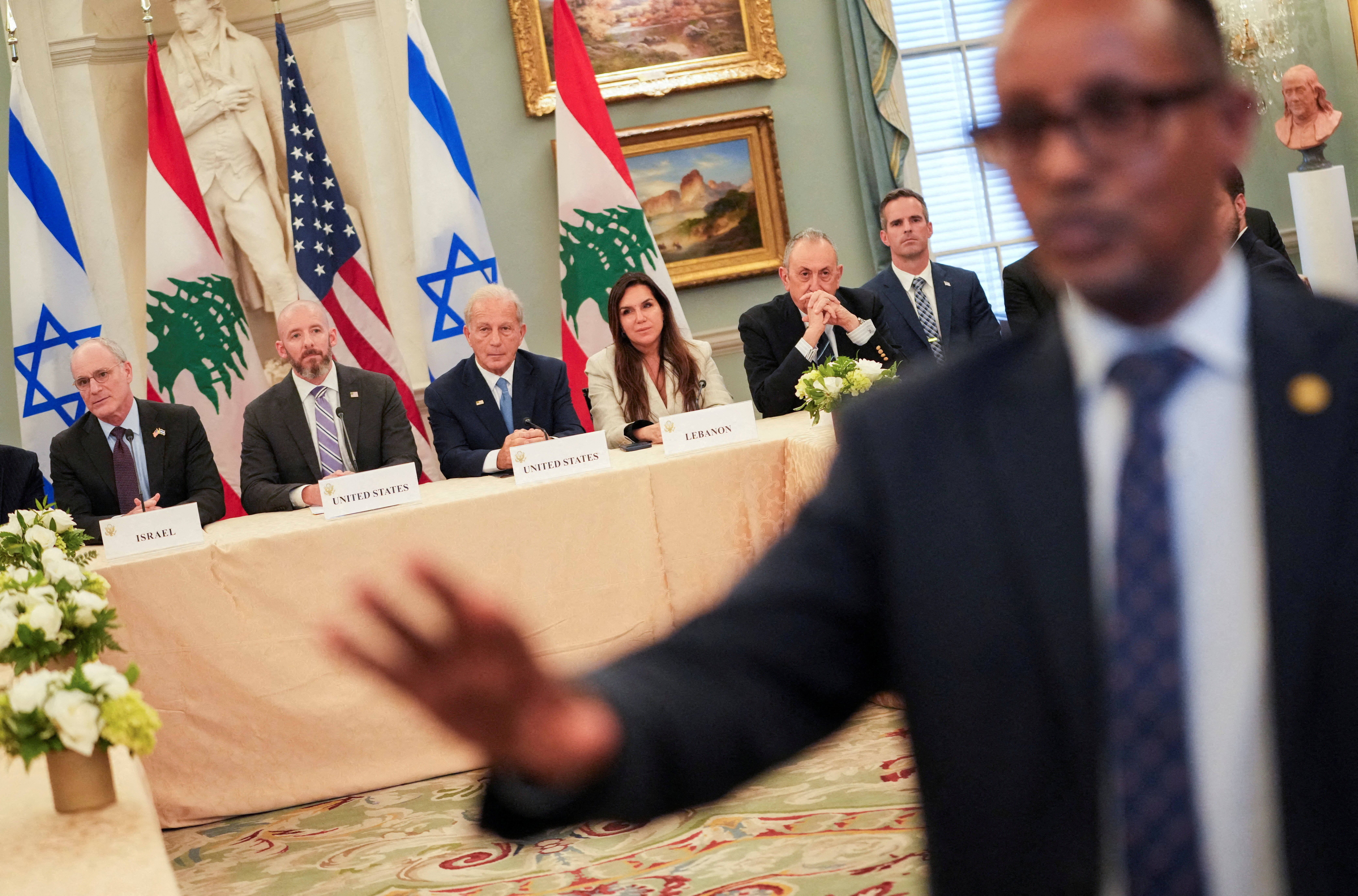 Israeli Ambassador to the U.S. Yechiel Leiter and Lebanese Ambassador to the U.S. Nada Hamadeh, accompanied by State Department Chief of Staff Daniel Holler and U.S. Ambassador to Lebanon Michel Issa,