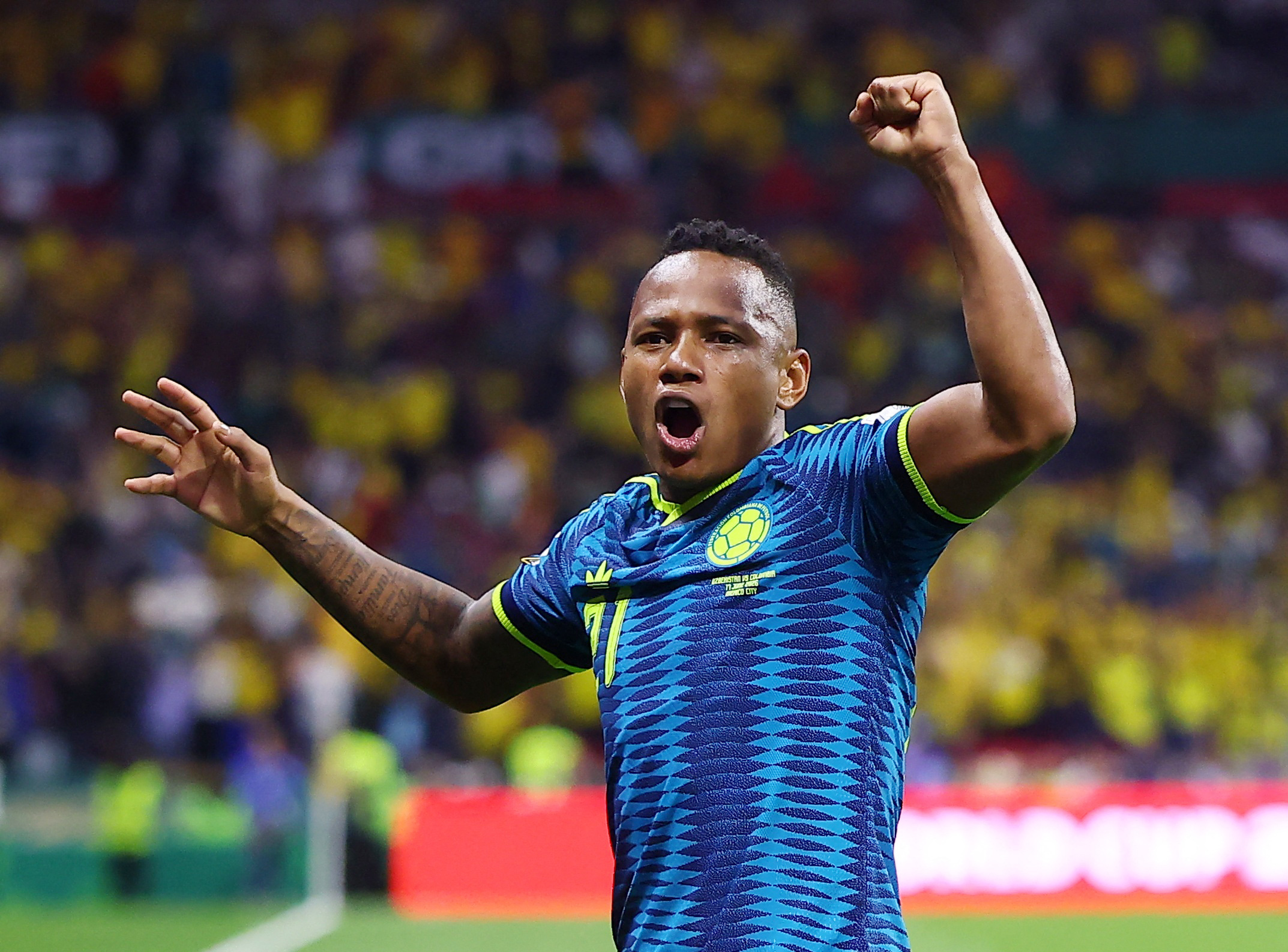 Soccer Football - FIFA World Cup 2026 - Group K - Uzbekistan v Colombia - Estadio Azteca, Mexico City, Mexico - June 17, 2026 Colombia's Jaminton Campaz celebrates after the match REUTERS/Eloisa Sanchez