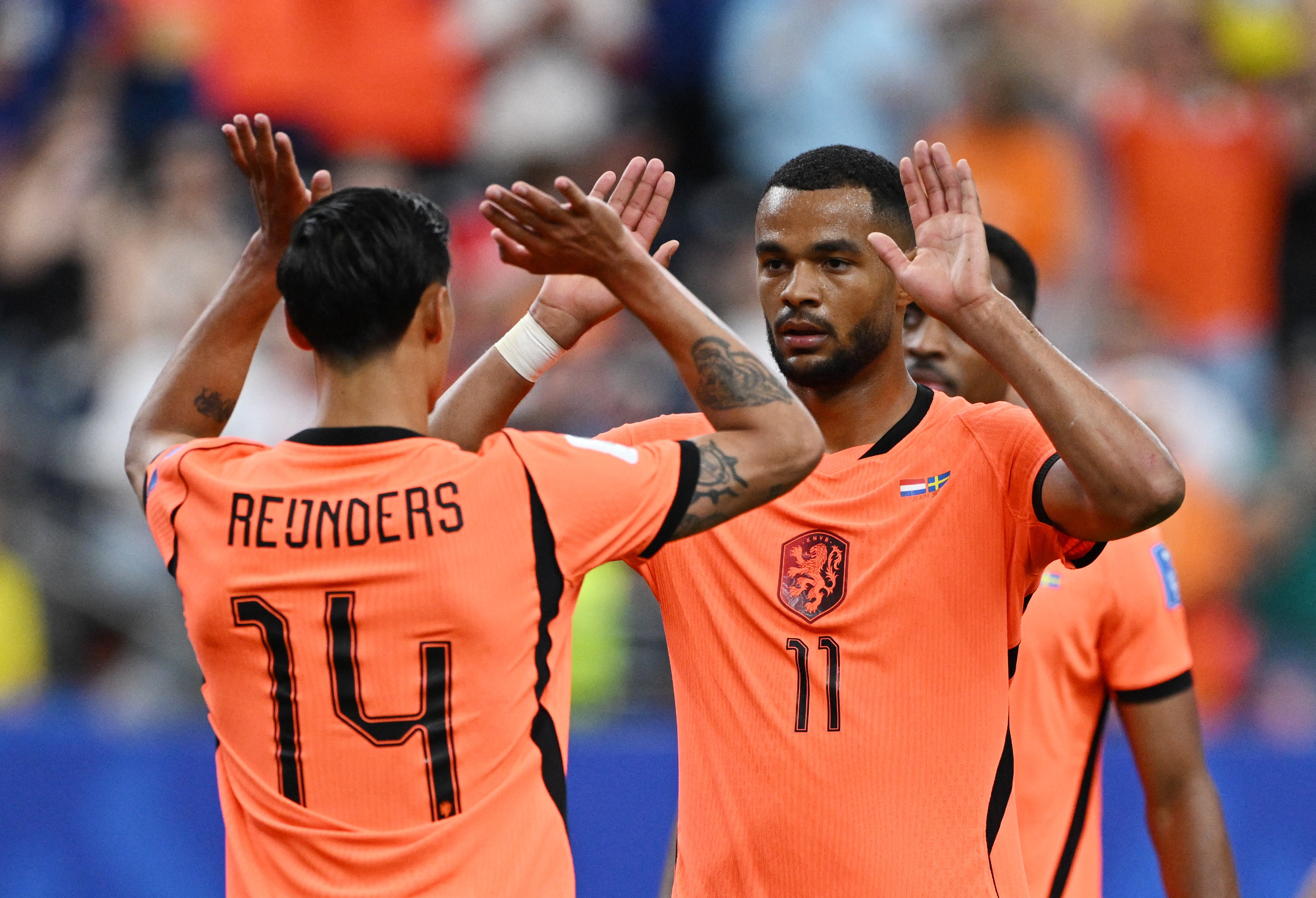 Soccer Football - FIFA World Cup 2026 - Group F - Netherlands v Sweden - Houston Stadium, Houston, Texas, U.S. - June 20, 2026 Netherlands' Cody Gakpo celebrates scoring their fourth goal with Tijjani Reijnders REUTERS/Annegret Hilse