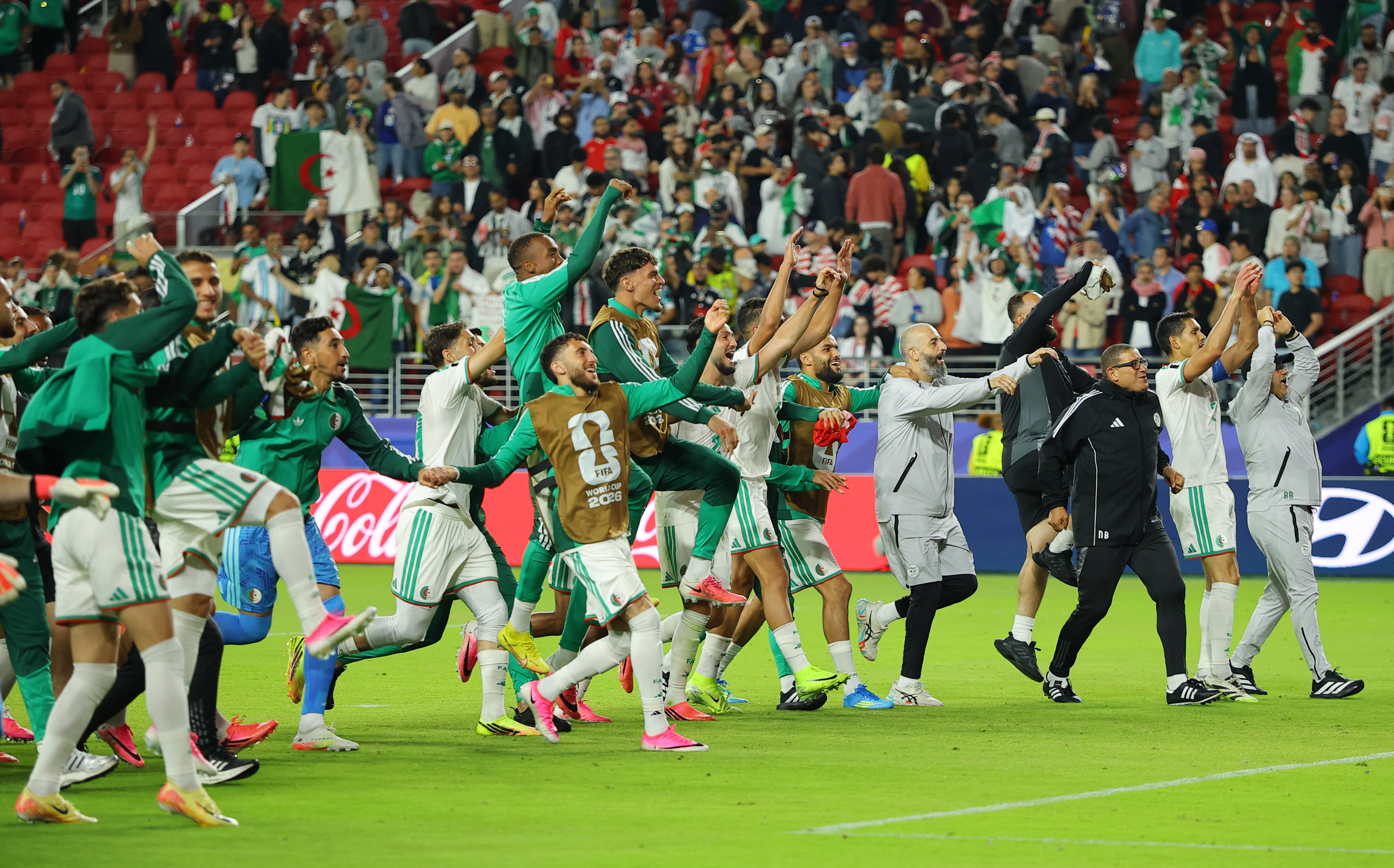 Soccer Football - FIFA World Cup 2026 - Group J - Jordan v Algeria - San Francisco Bay Area Stadium, Santa Clara, California, U.S. - June 22, 2026 Algeria players celebrate after the match REUTERS/Carlos Barria