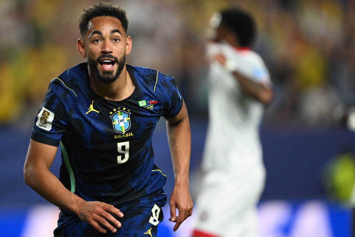 Brazil's forward #09 Matheus Cunha celebrates scoring his team's second goal during the 2026 World Cup Group C football match