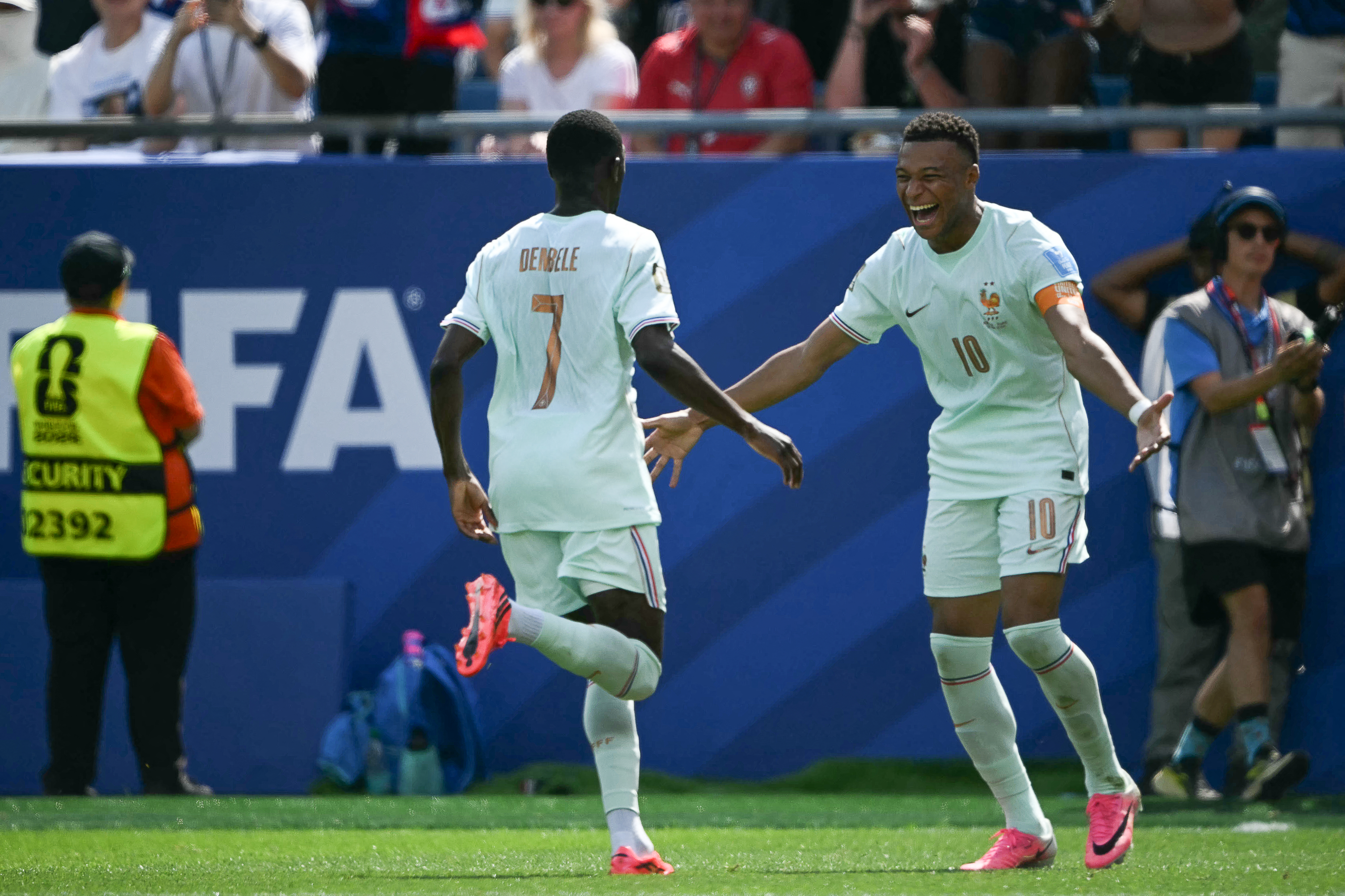 France’s superstar forward duo of Ousmane Dembele and Kylian Mbappe, right, have scored eight goals between them and have a perfect 3-0 record heading into the Round of 32
