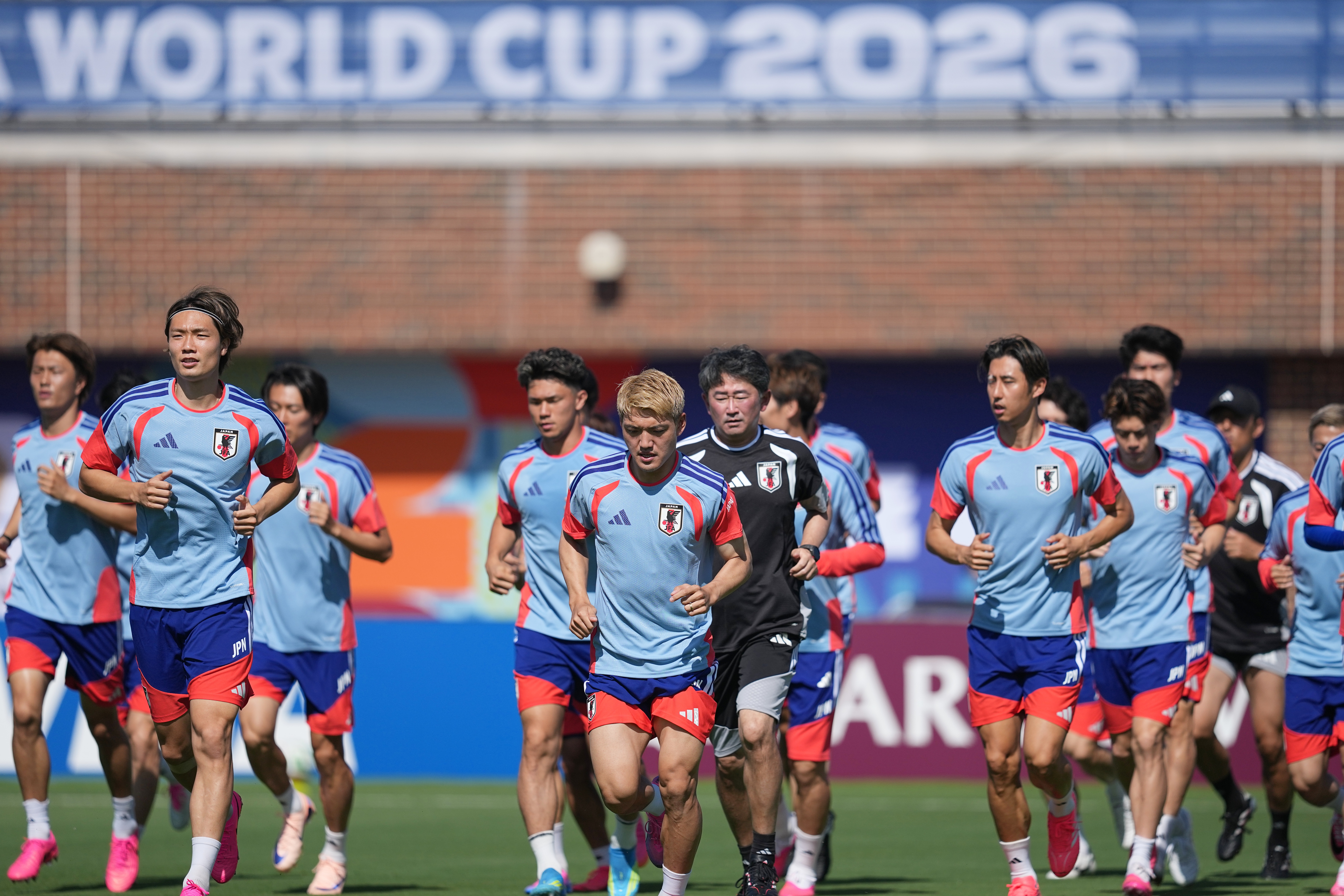 Japan men's national soccer team members attend a training session ahead of their FIFA World Cup soccer tournament Group F match against the Netherlands, Saturday, June 13, 2026, in Dallas. (AP Photo/Julio Cortez)