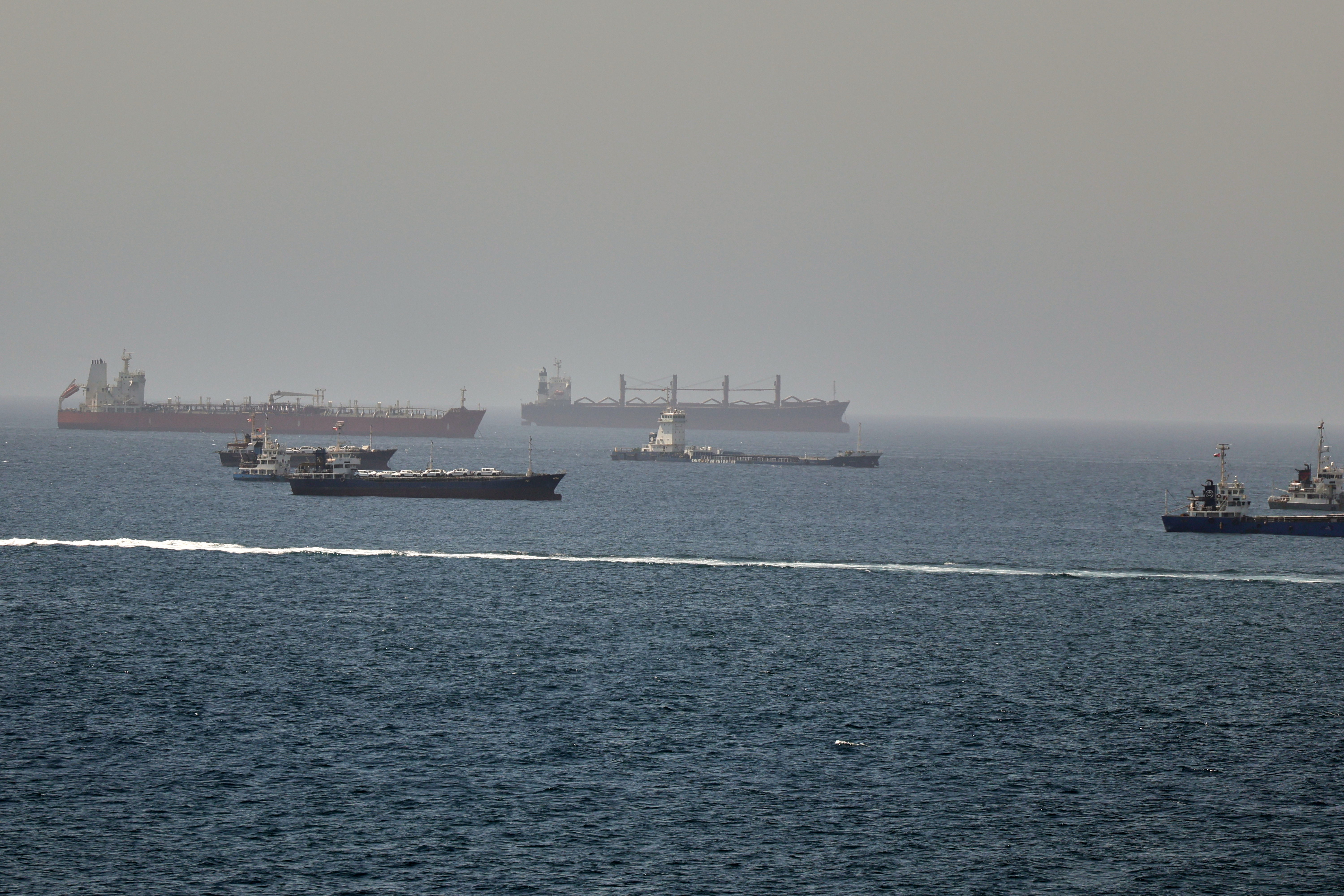 Tankers and cargo vessels are seen in the Gulf of Oman, along shipping routes linking the Strait of Hormuz and the Arabian Sea