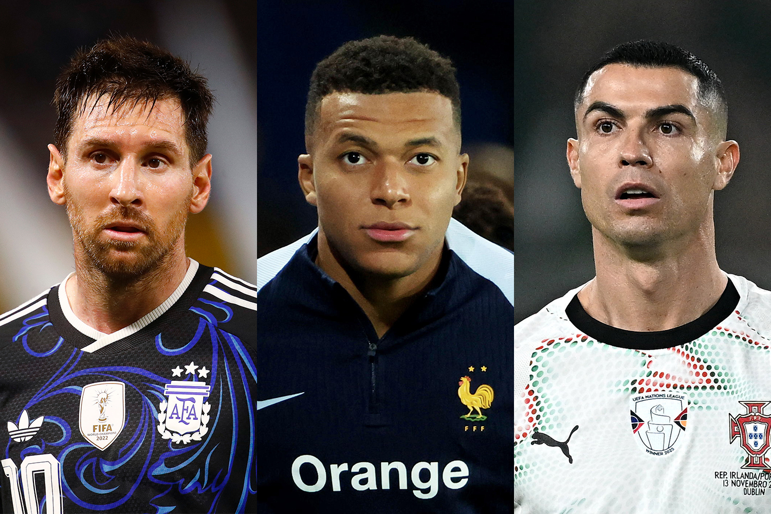 From left, Lionel Messi, Kylian Mbappe and Cristiano Ronaldo are all set to steal the World Cup spotlight again