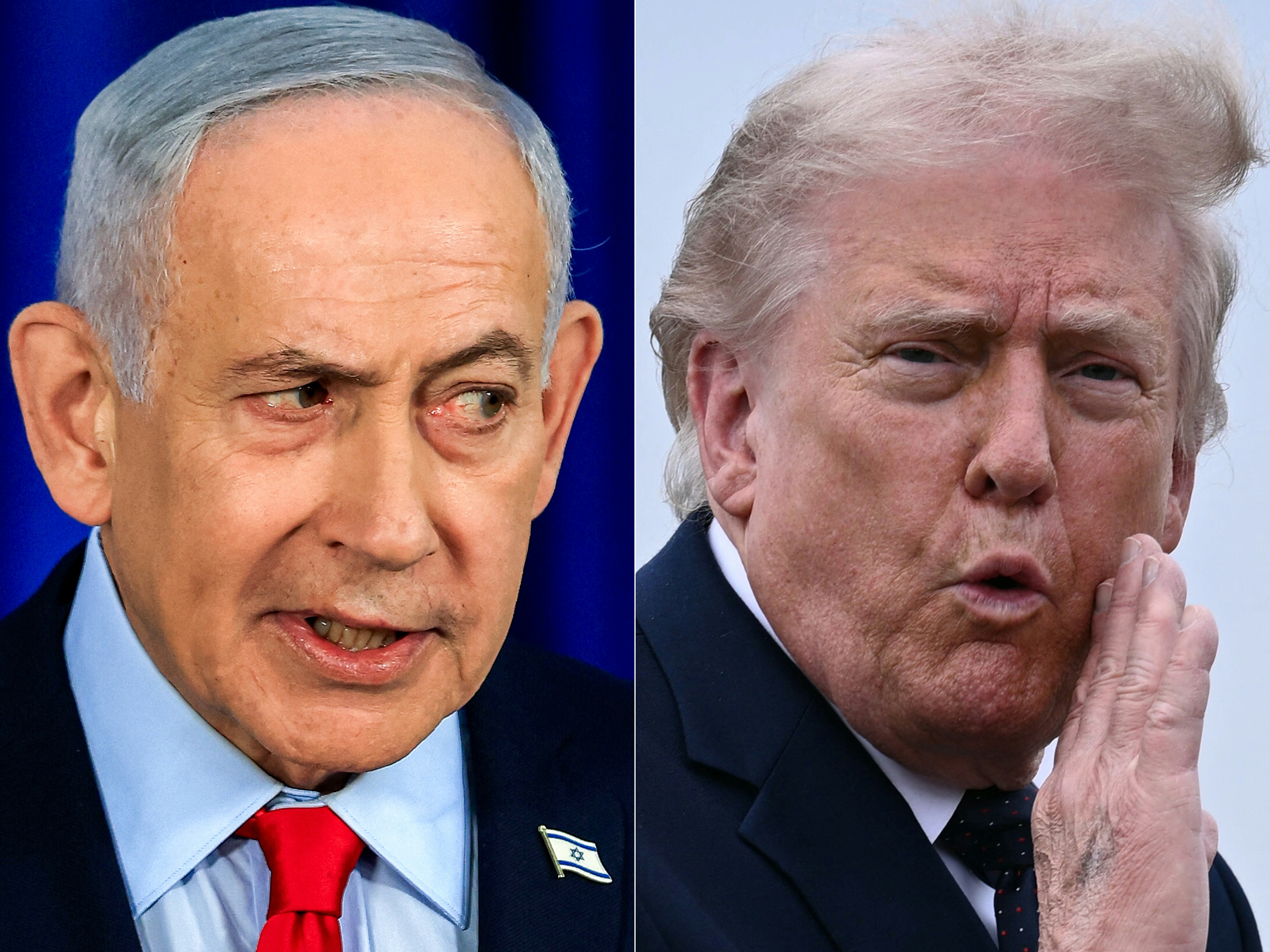 (COMBO) This combination of pictures created on June 3, 2026 shows (L/R) Israeli Prime Minister Benjamin Netanyahu in Jerusalem on March 19, 2026 and US President Donald Trump in Morristown, New Jersey, on May 22, 2026.