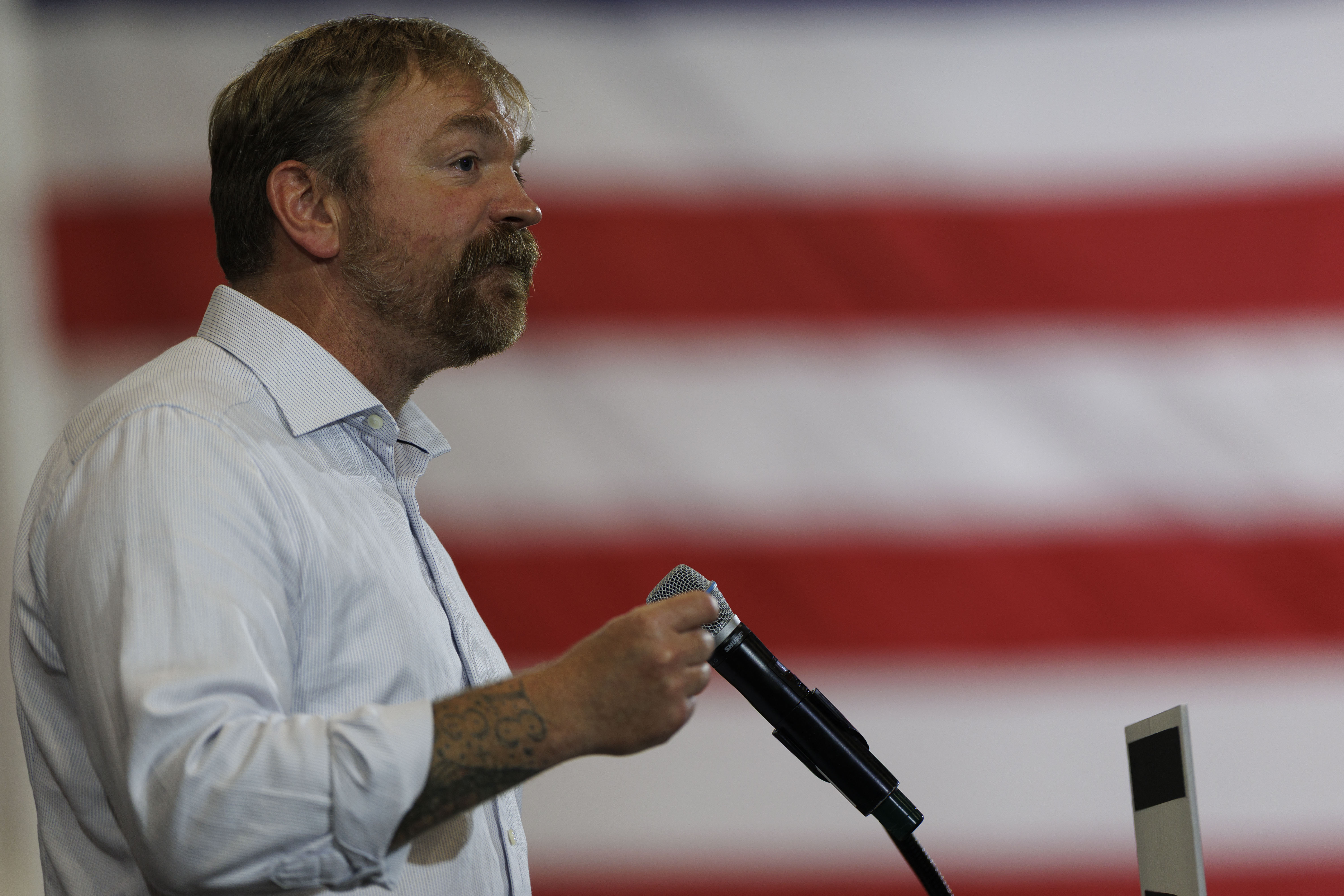 BLUE HILL, MAINE - JUNE 9: Democratic U.S. Senate candidate Graham Platner speaks at his Primary Election event on June 9, 2026 in Blue Hill, Maine. Platner is the presumptive Democratic nominee and will face incumbent Sen. Collins (R-ME) for Maine's U.S. Senate seat in the general election. CJ Gunther/Getty Images/AFP (Photo by CJ GUNTHER / GETTY IMAGES NORTH AMERICA / Getty Images via AFP)