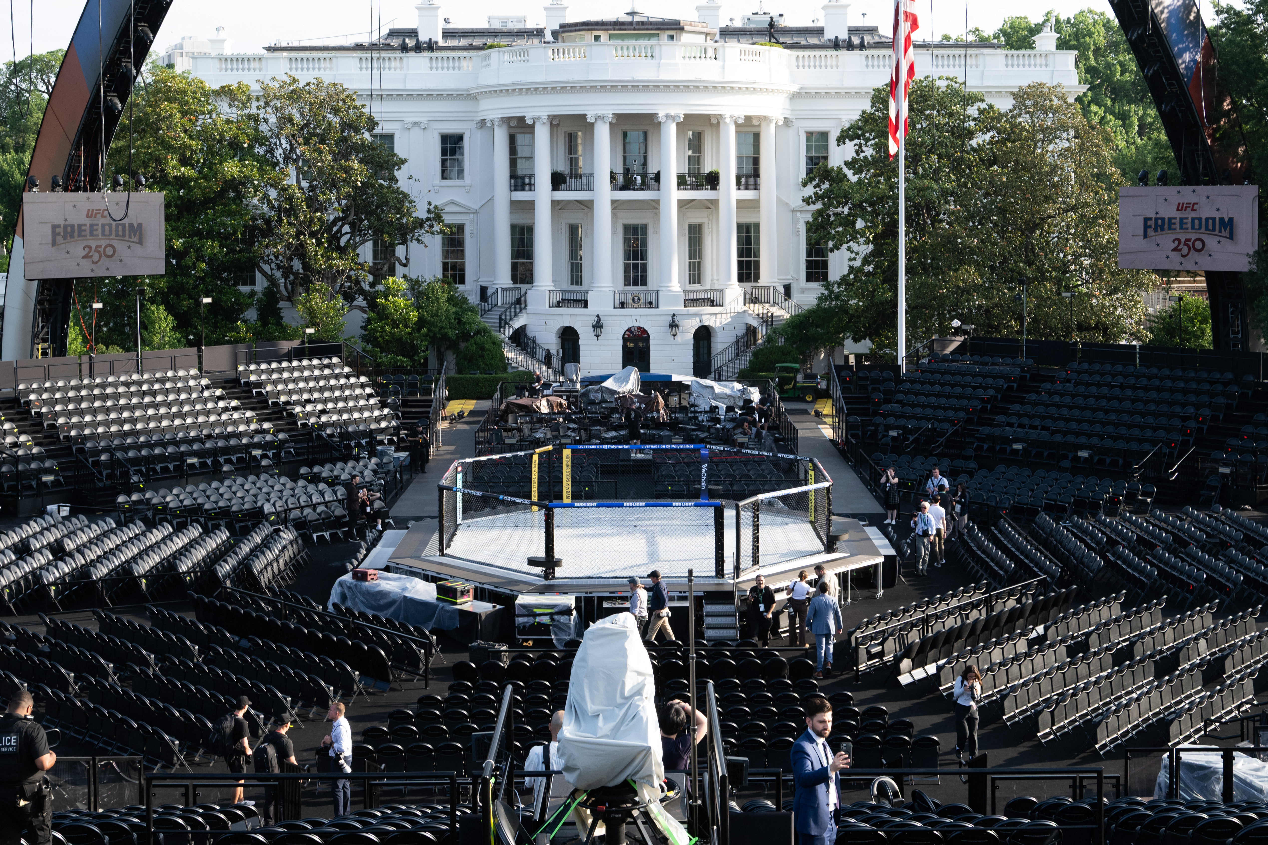 Seating and "The Octagon" fighting enclosure for the upcoming UFC fight that US President Donald Trump will host as part of the 250th anniversary of the United States is seen on the South Lawn of the White House during a media preview in Washington, DC, June 11, 2026.