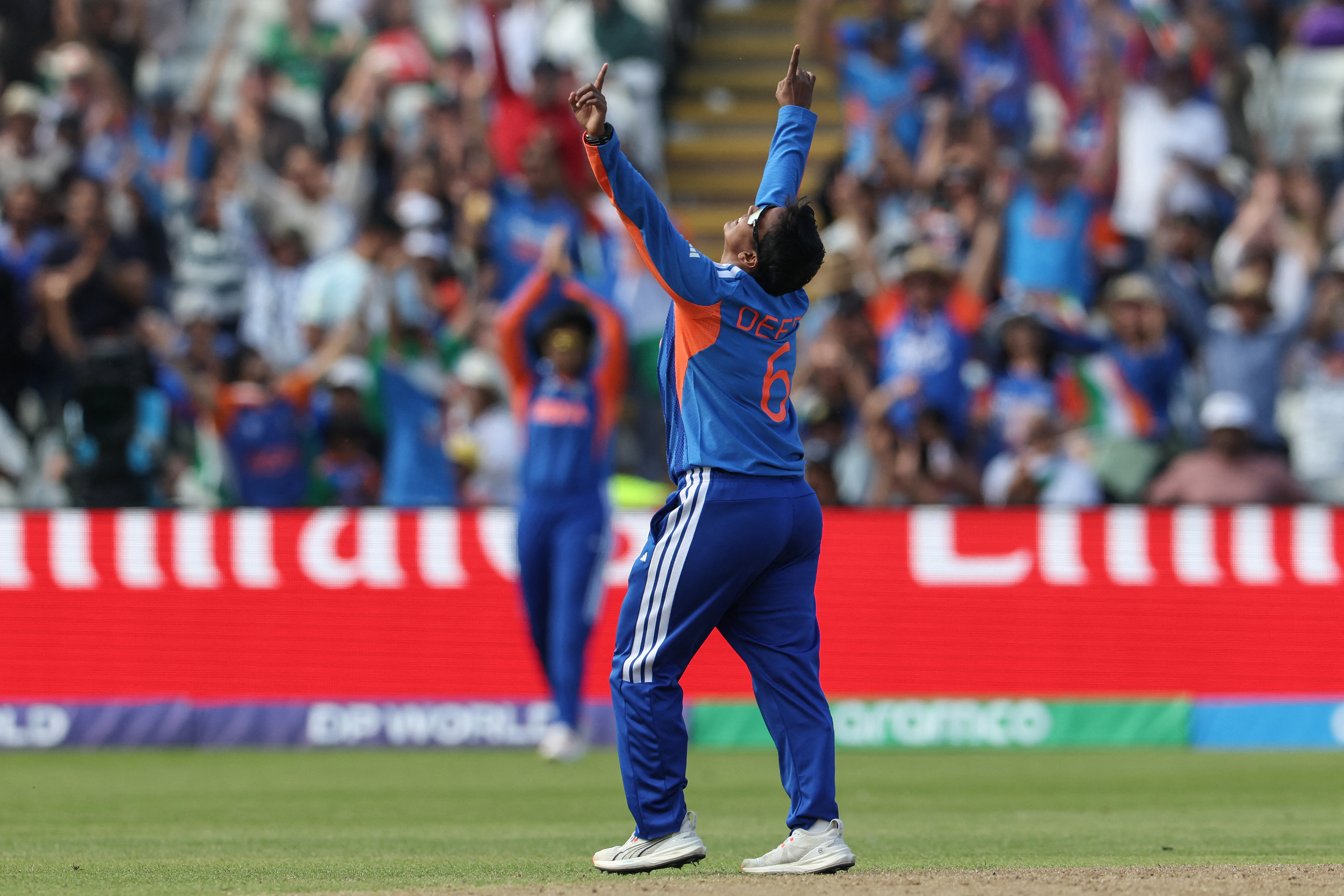 India's Deepti Sharma celebrates taking the wicket of Pakistan's Aliya Riaz (not pictured) during the ICC Women's T20 cricket World Cup 2026 Group A stage, Match 6 match between the India and Pakistan at Edgbaston cricket ground in Birmingham, central England on June 14, 2026. (Photo by Darren Staples / AFP)