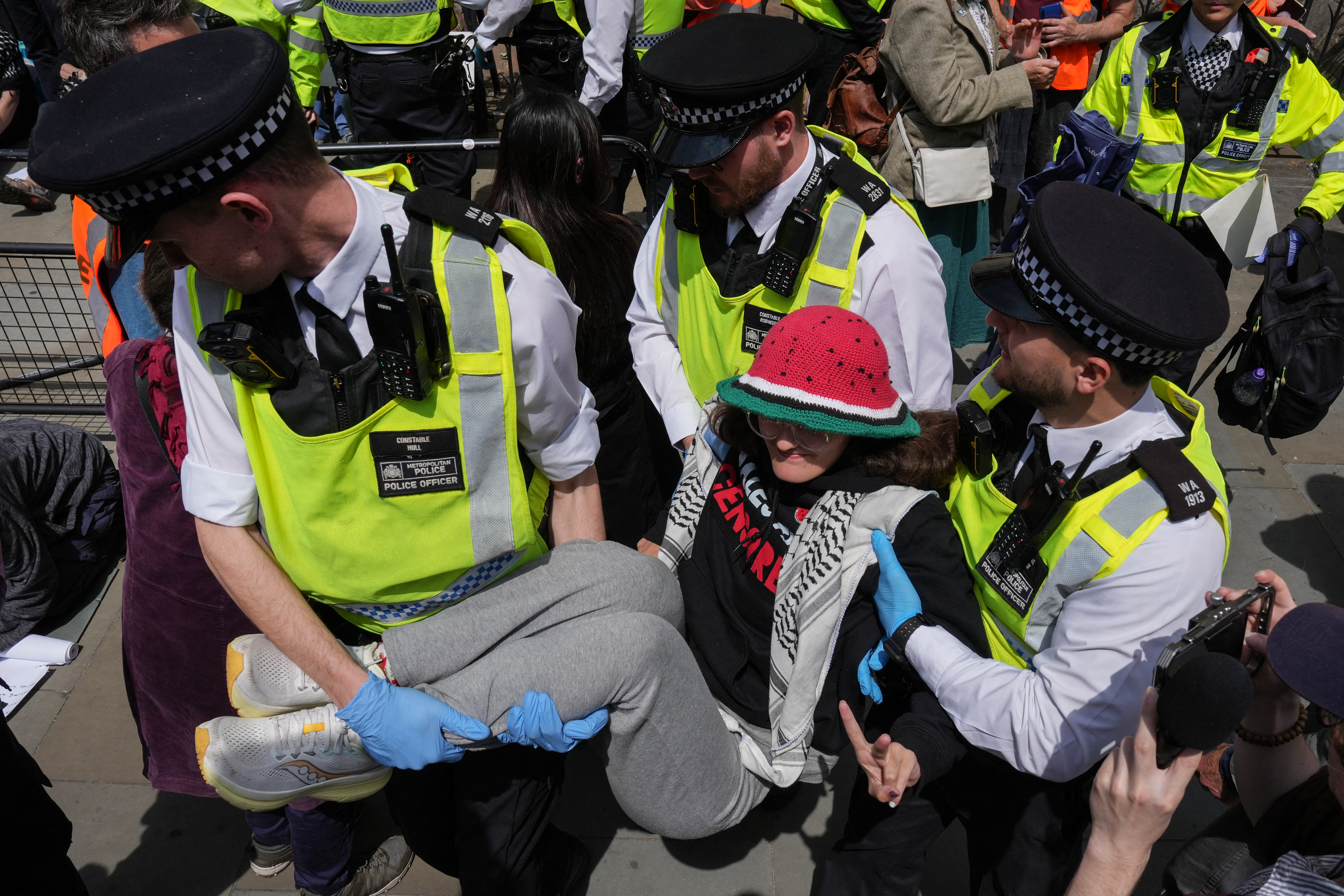 Police remove protesters from outside the Royal Courts Of Justice in central London on June 15, 2026, as the High Court ruled on a legal standoff between the government and activist group Palestine Action.