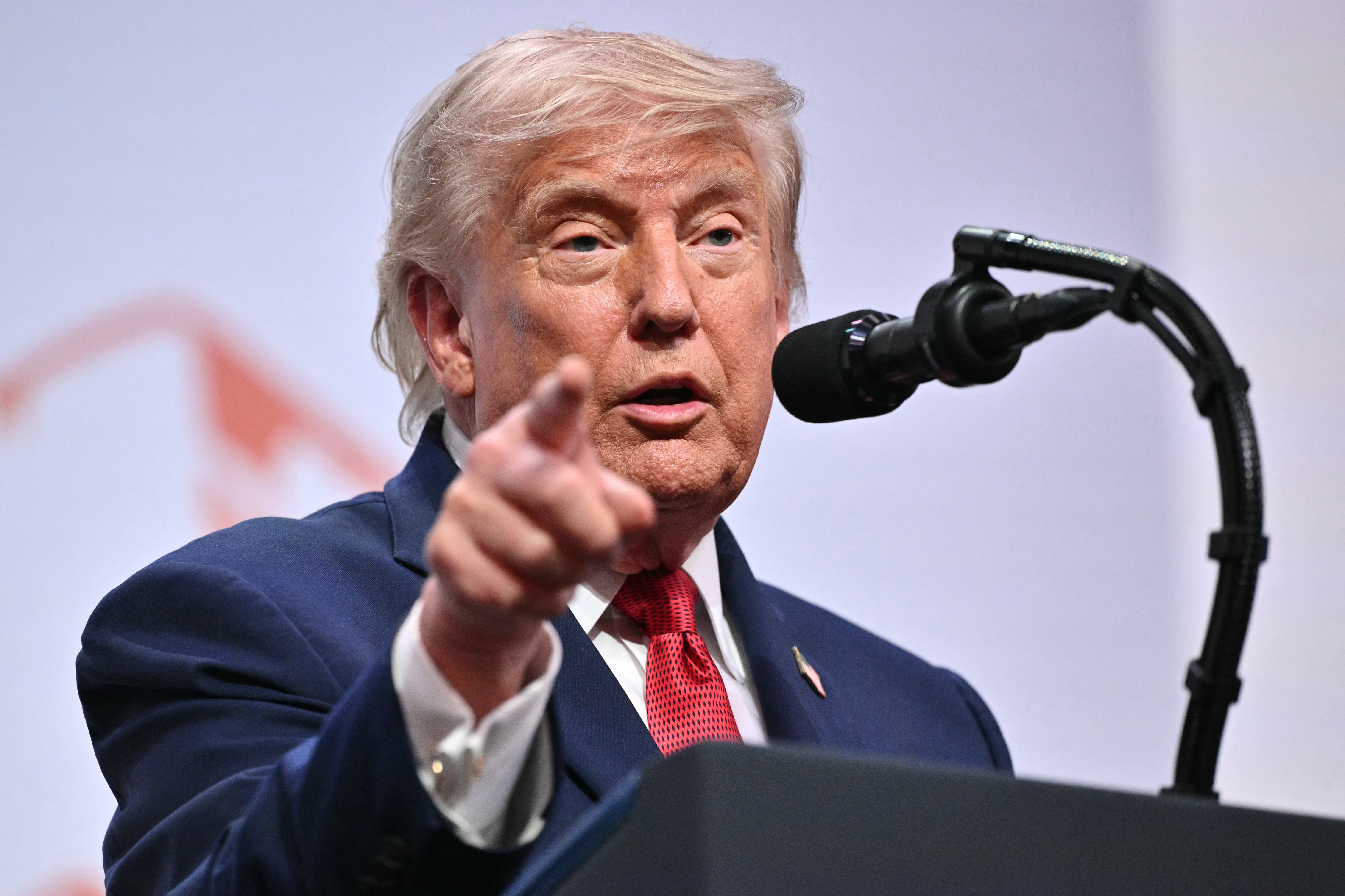 US President Donald Trump gestures as he addresses the media during a closing press conference at the G7 summit, in Evian, eastern France, on June 17, 2026.