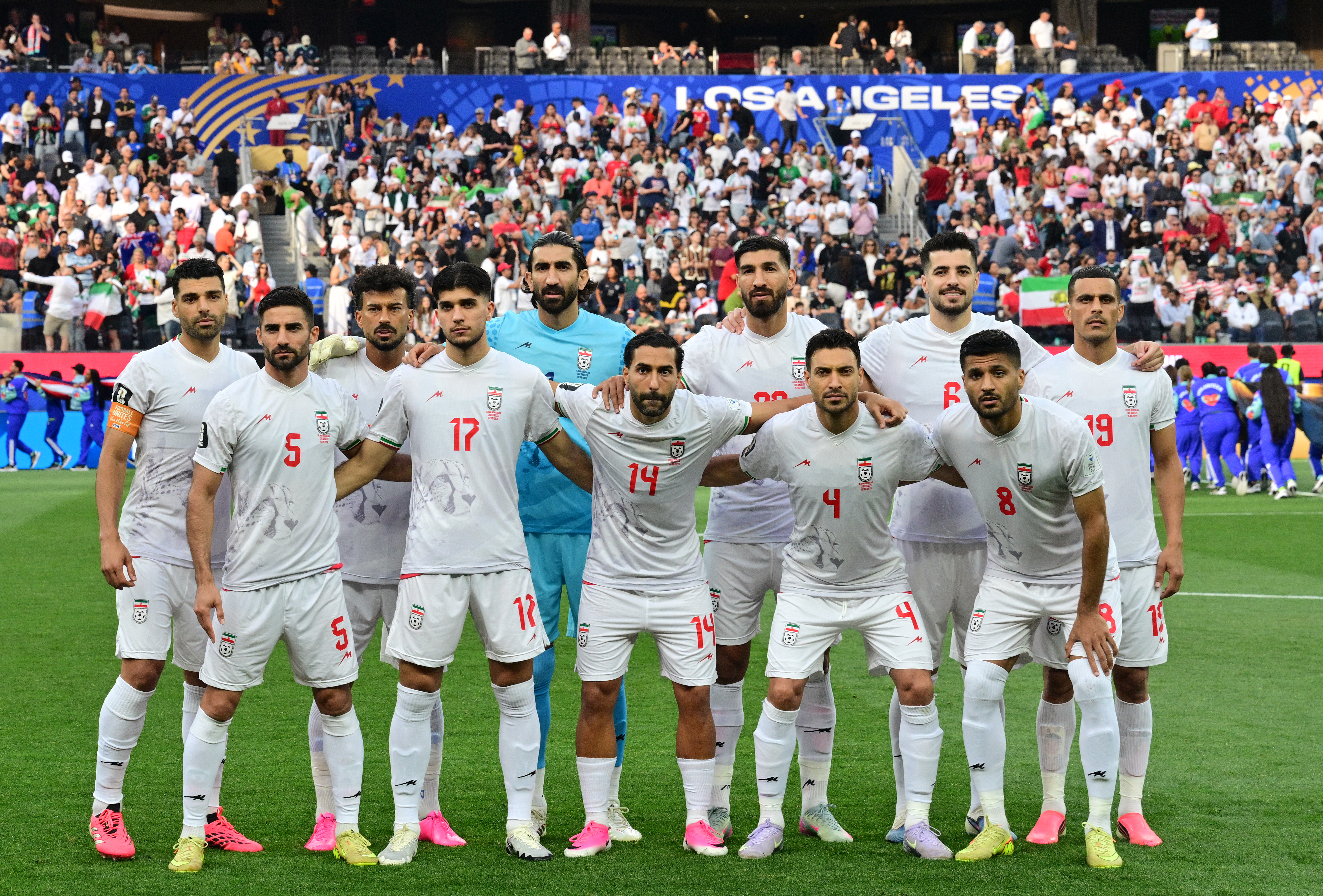 Iran's players pose for a team photo ahead of the 2026 World Cup Group G football match between Iran and New Zealand at Los Angeles Stadium in Inglewood on June 15, 2026.
