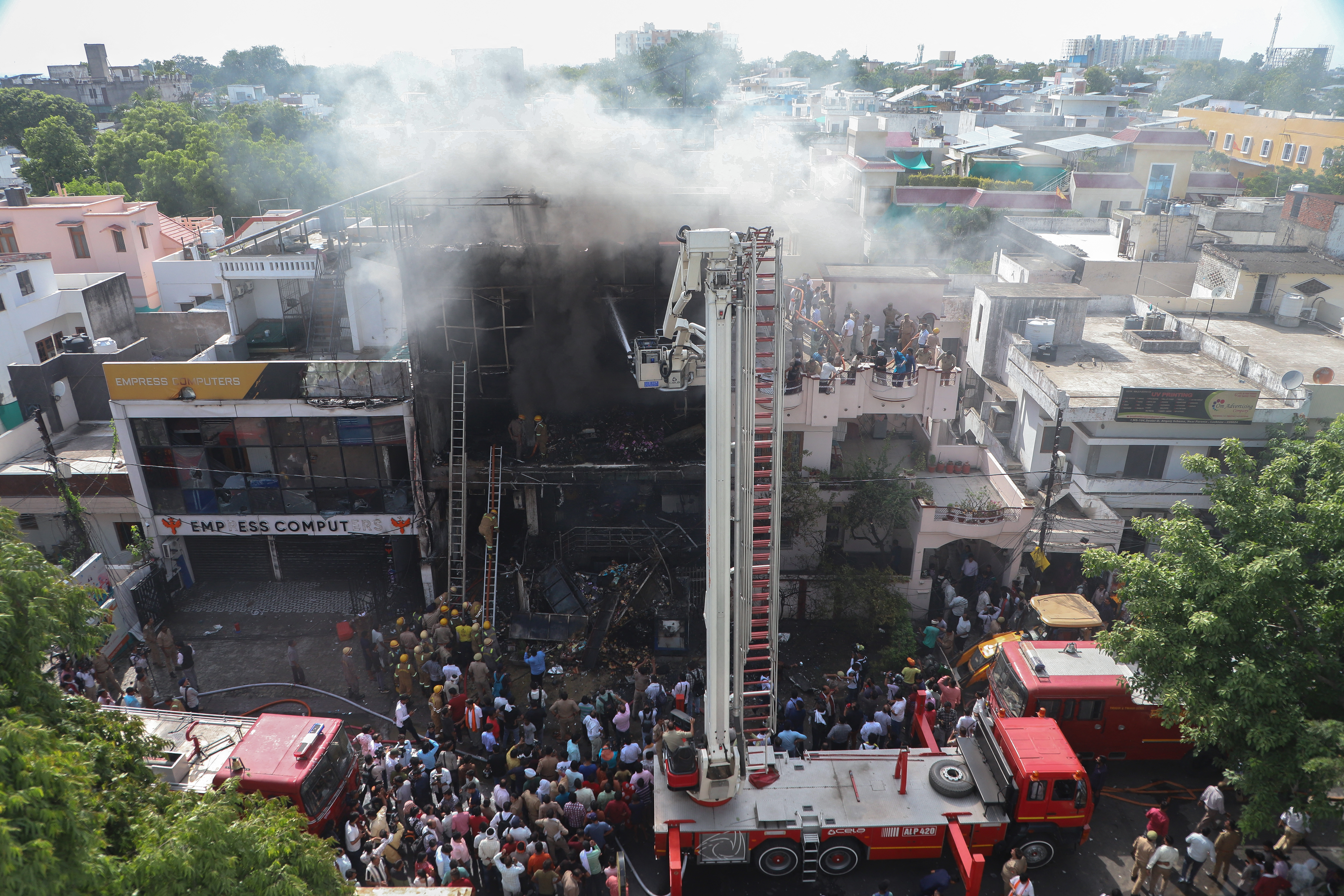 Firefighters try to douse a fire that broke out at a coaching institute in Lucknow on June 22, 2026.