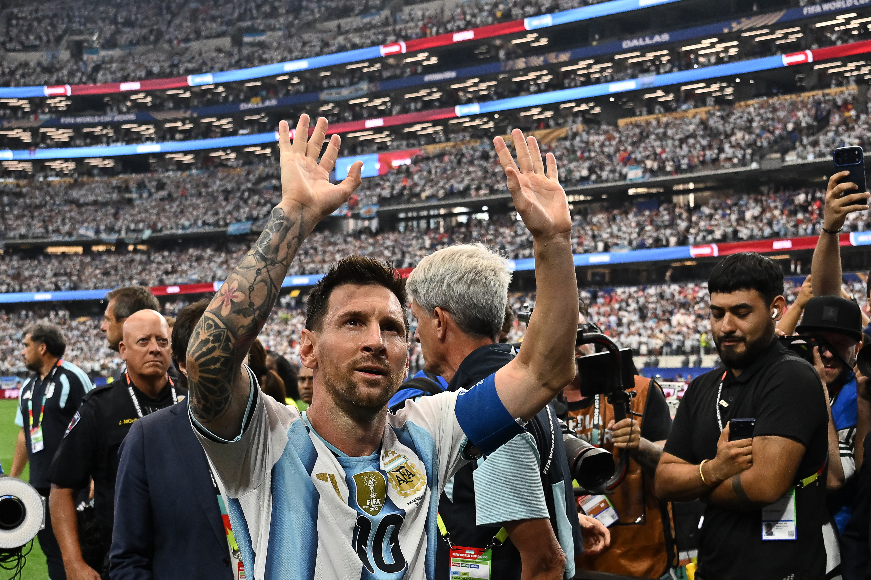 Argentina's forward #10 Lionel Messi waves as he leaves the pitch after winning the 2026 World Cup Group J football match between Argentina and Austria at the Dallas Stadium in Arlington on June 22, 2026.
