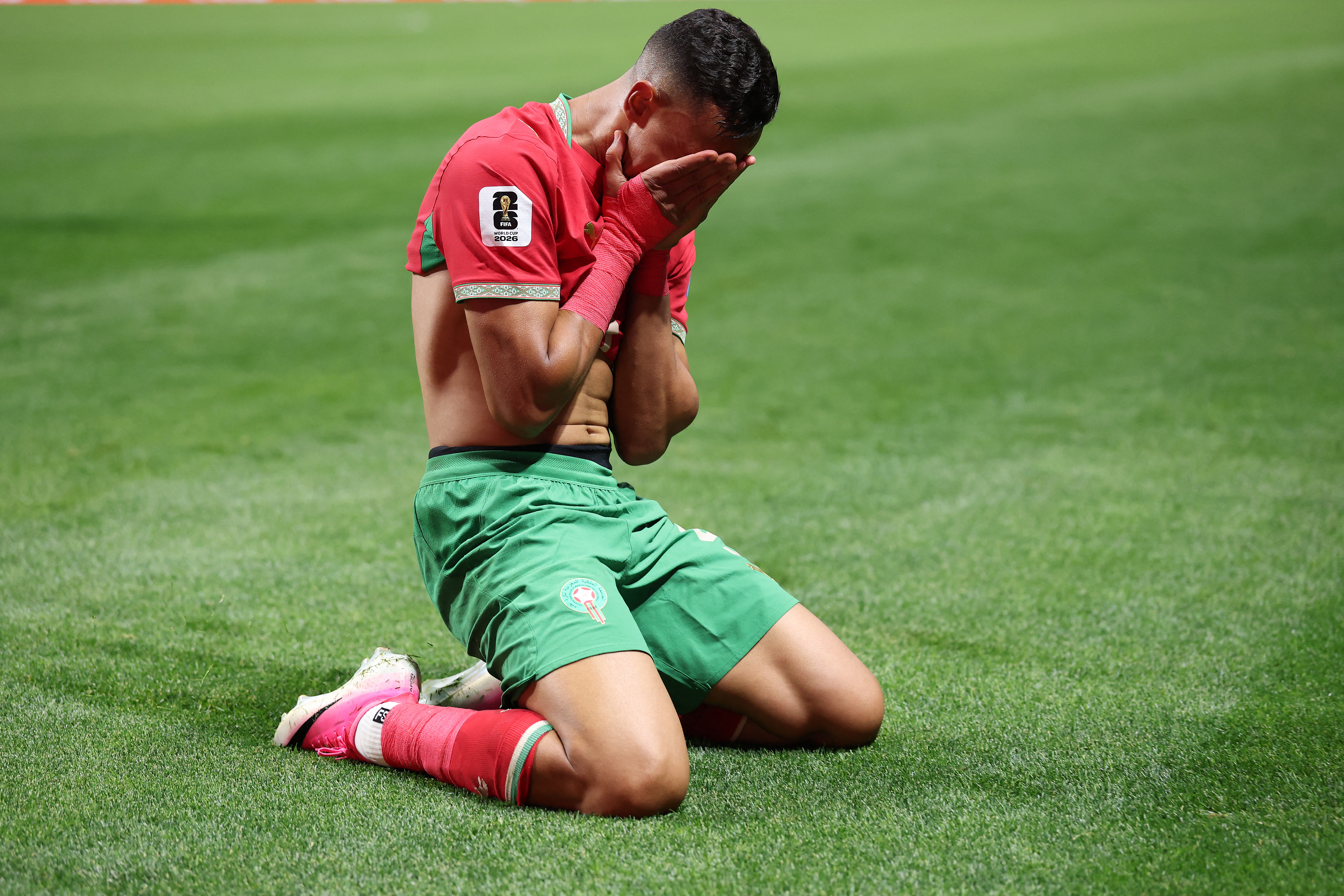 ATLANTA, GEORGIA - JUNE 24: Soufiane Rahimi #9 of Morocco celebrates scoring his team's third goal during the FIFA World Cup 2026 Group C match between Morocco and Haiti at Atlanta Stadium on June 24, 2026 in Atlanta, Georgia. Kevin C. Cox/Getty Images/AFP (Photo by Kevin C. Cox / GETTY IMAGES NORTH AMERICA / Getty Images via AFP)
