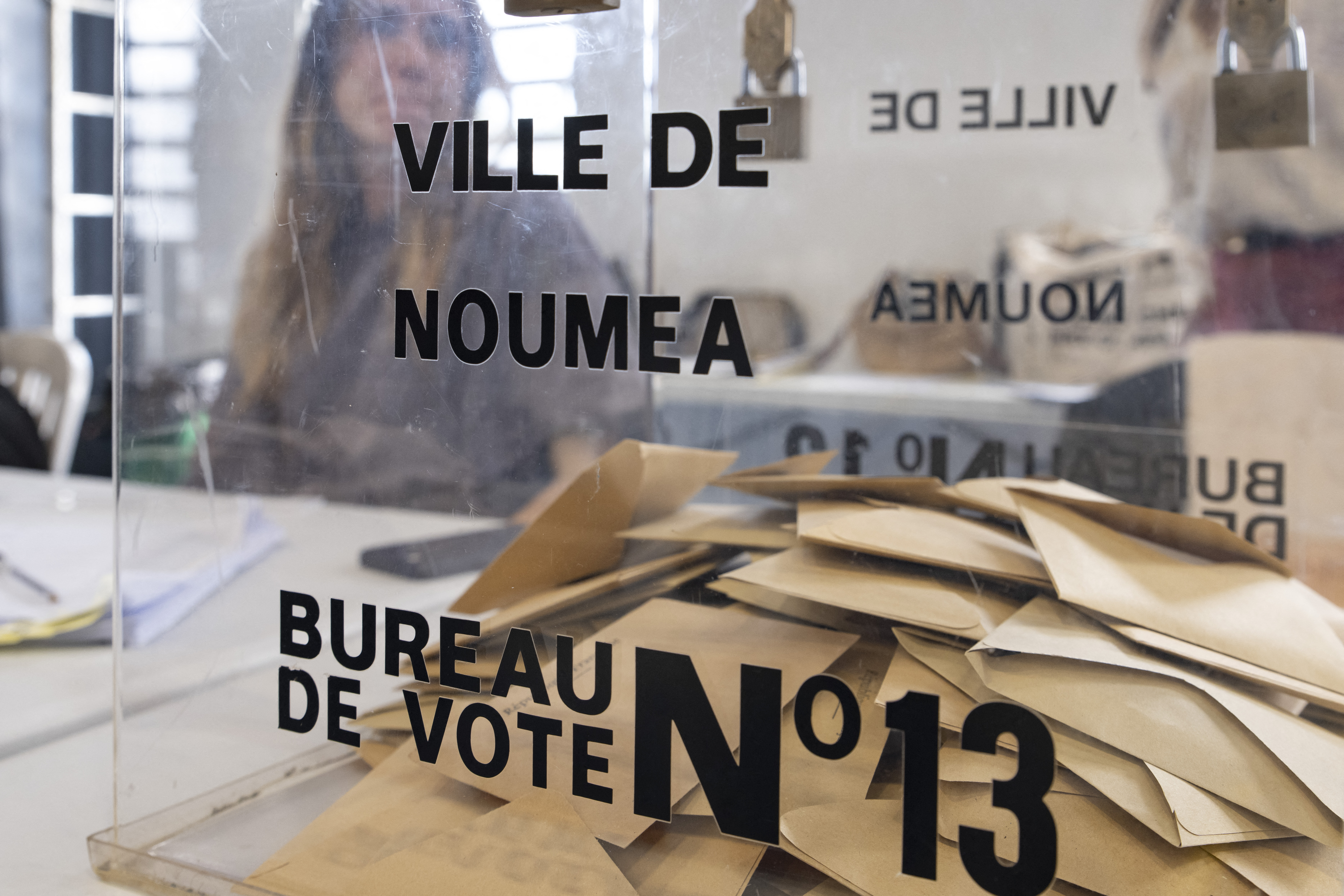 A ballot box is seen at the Salle Omnisports during provincial elections, in Noumea, New Caledonia, on June 28, 2026.