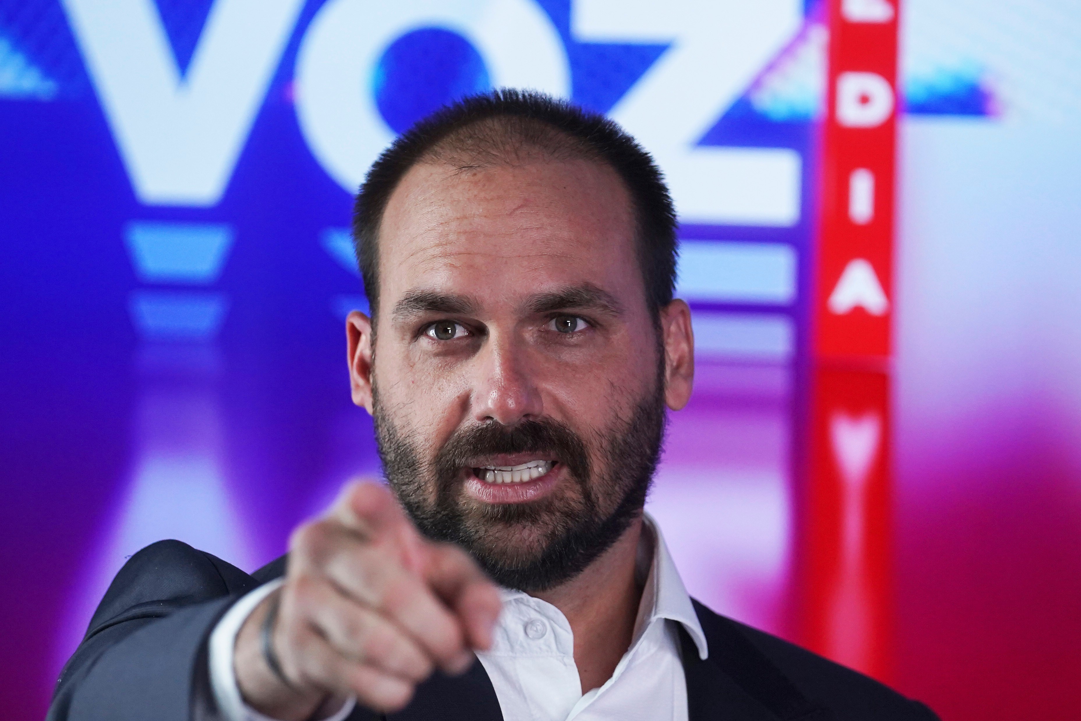 Eduardo Bolsonaro speaks at a gathering of conservatives, in Mexico City