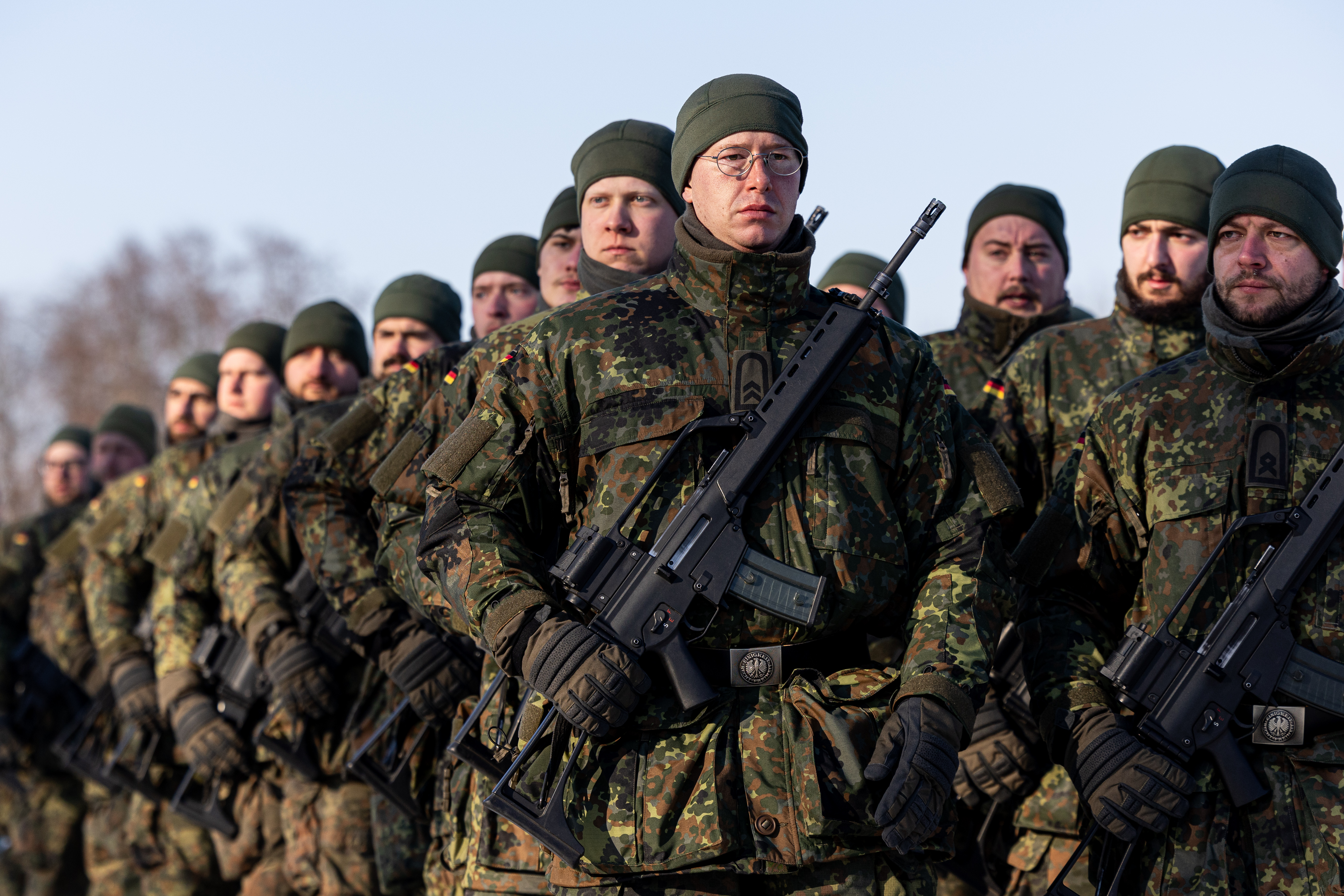 KAUNAS, LITHUANIA - FEBRUARY 4: German Bundeswehr troops march during a public ceremony to mark the expansion of Germany's Lithuania military commitment on February 4, 2026 in Kaunas, Lithuania. Germany leads a multi-national, NATO contingent in Lithuania with its Lithuania Armoured Brigade 45. The unit was recently expanded to include two additional armoured infantry battalions. Germany is building a new military base in southeastern Lithuania that will accommodate up to 5,000 personnel. (Photo by Paulius Peleckis/Getty Images)