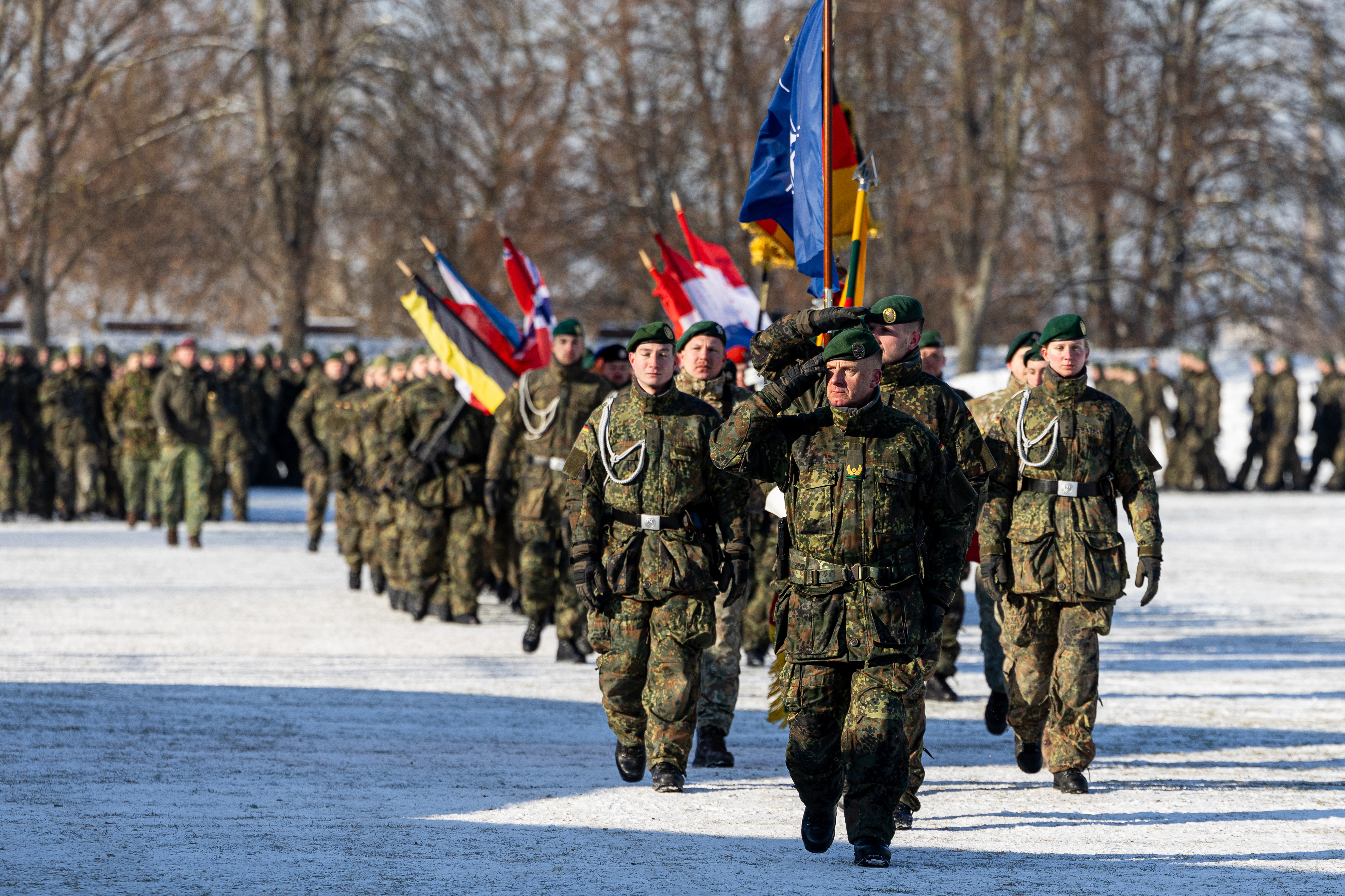 KAUNAS, LITHUANIA - FEBRUARY 4: Brigadier General Christoph Huber marching during a public ceremony to mark the expansion of Germany's Lithuania military commitment on February 4, 2026 in Kaunas, Lithuania. Germany leads a multi-national, NATO contingent in Lithuania with its Lithuania Armoured Brigade 45. The unit was recently expanded to include two additional armoured infantry battalions. Germany is building a new military base in southeastern Lithuania that will accommodate up to 5,000 personnel. (Photo by Paulius Peleckis/Getty Images)