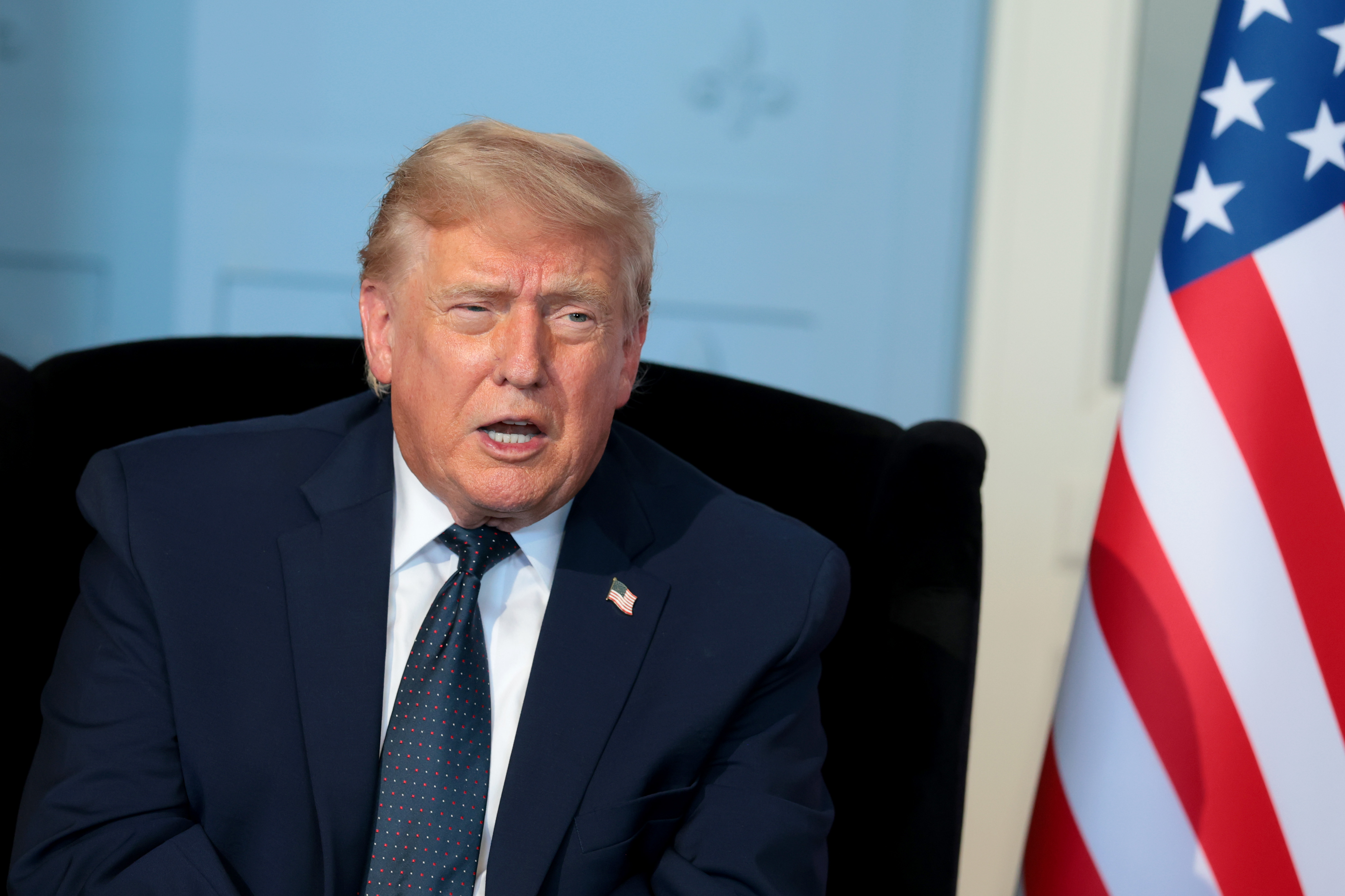 EVIAN-LES-BAINS, FRANCE - JUNE 15: U.S. President Donald Trump talks as he meets French President Emmanuel Macron for a bilateral meeting at Hotel Royal Evian on June 15 in Évian-les-Bains, France. Leaders from the Group of 7 (G7) countries convened in Evian, France, near the Swiss border, for their annual summit to discuss challenges to peace and security for Ukraine and Europe, the situation in the Middle East, and other geopolitical issues. (Photo by Anna Moneymaker/Getty Images)