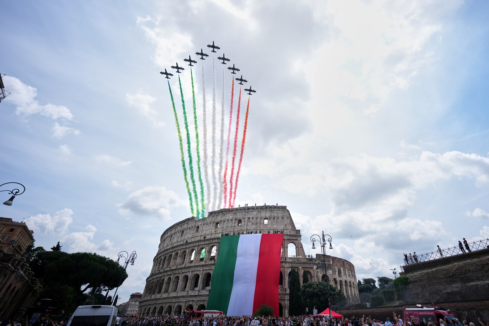 Italian aerobatic squadron Frecce Tricolori, or Tricolor Arrows, fly over the Colosseum on the occasion of the 80th anniversary of the proclamation of the Italian Republic, in Rome, on June 2, 2026. [Andrew Medichini/AP]