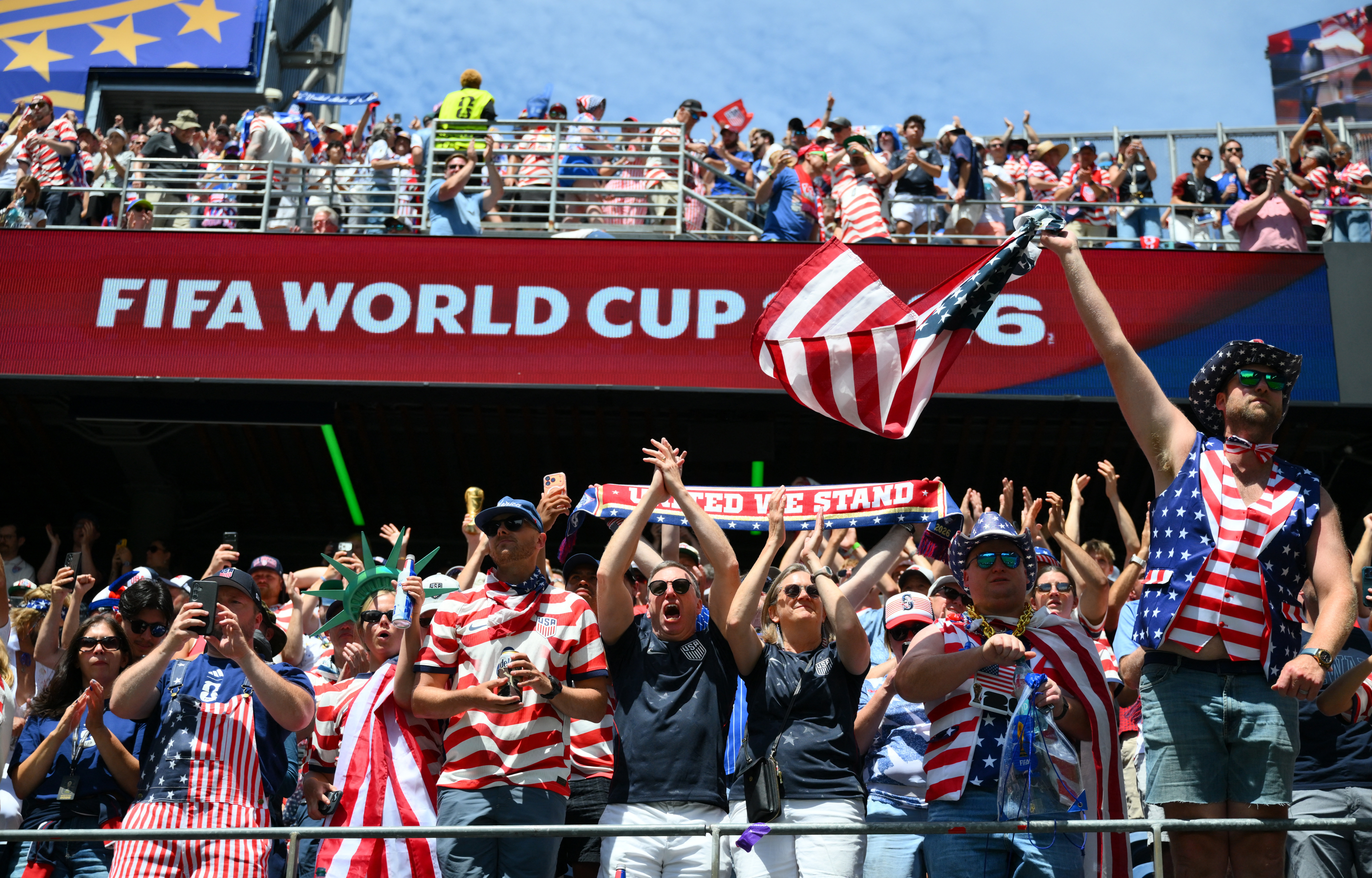 Soccer Football - FIFA World Cup 2026 - Group D - United States v Australia - Seattle Stadium, Seattle, Washington, U.S. - June 19, 2026 United States fans celebrate after the match IMAGN IMAGES via Reuters/Steven Bisig