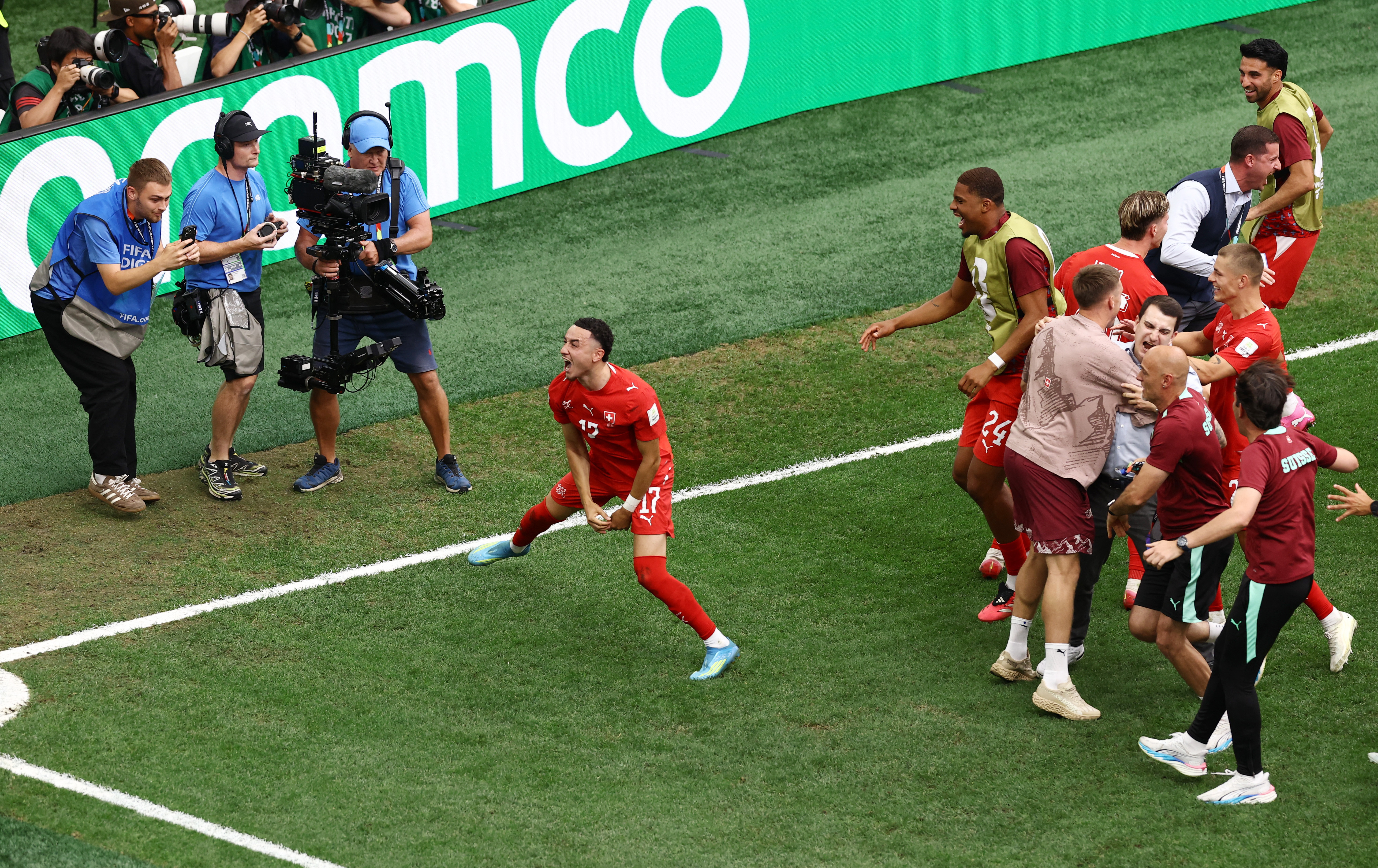 Switzerland's Ruben Vargas celebrates scoring a penalty during the penalty shootout to win the match as Switzerland qualify for the quarter finals of the World Cup