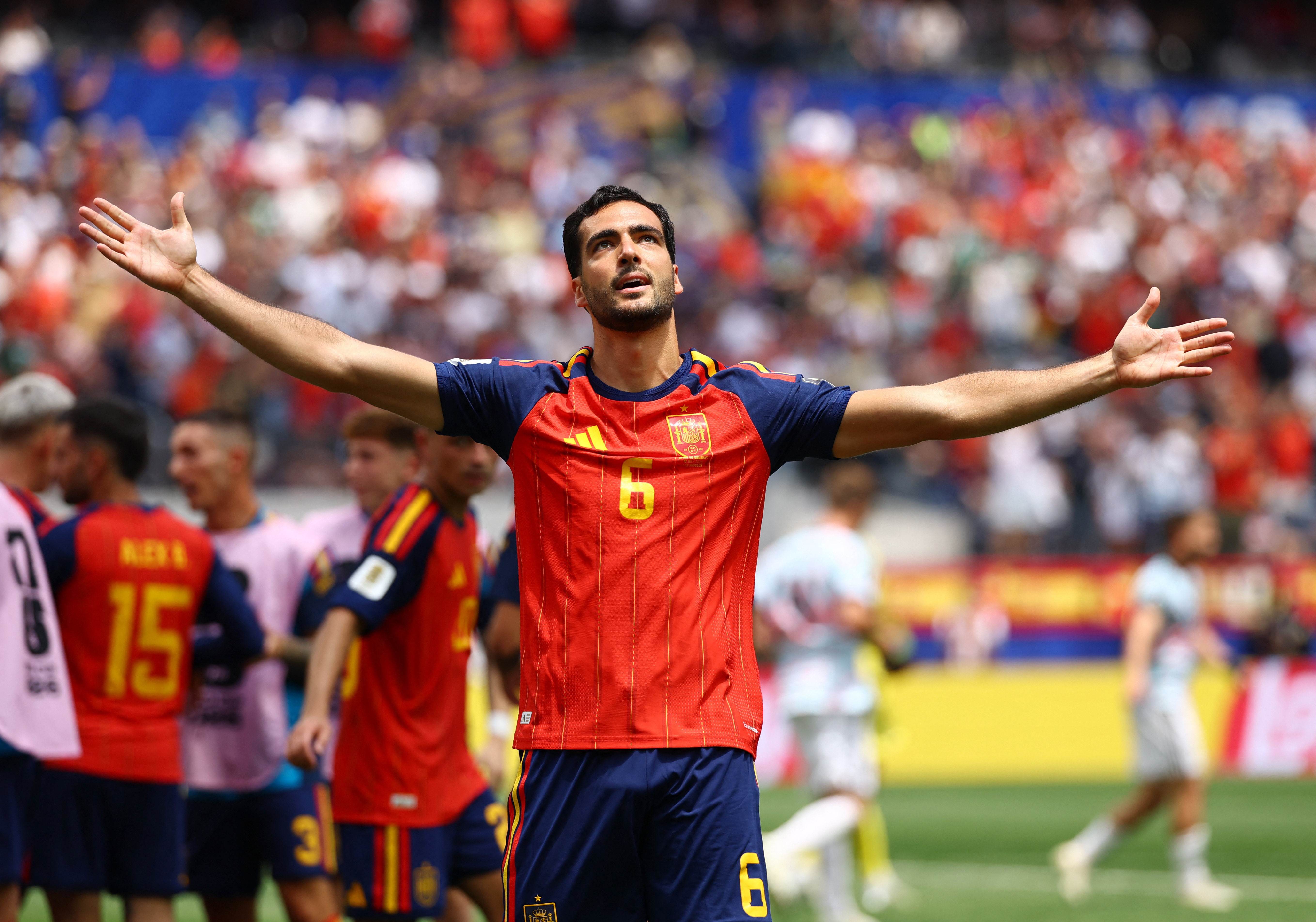 Spain's Mikel Merino celebrates scoring their second goal