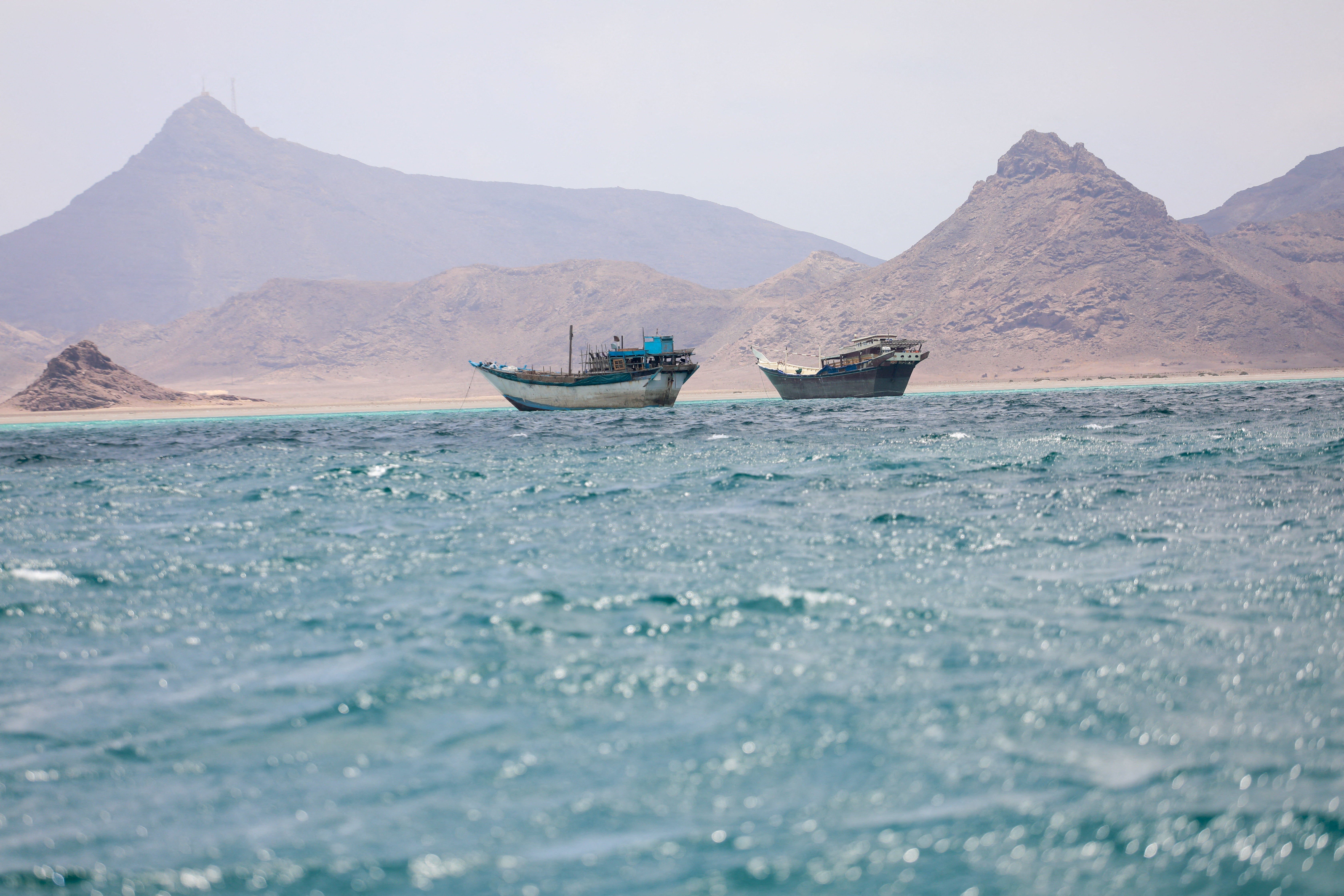 Boats float near the coast of Bab el-Mandeb, Yemen on April 2, 2026.