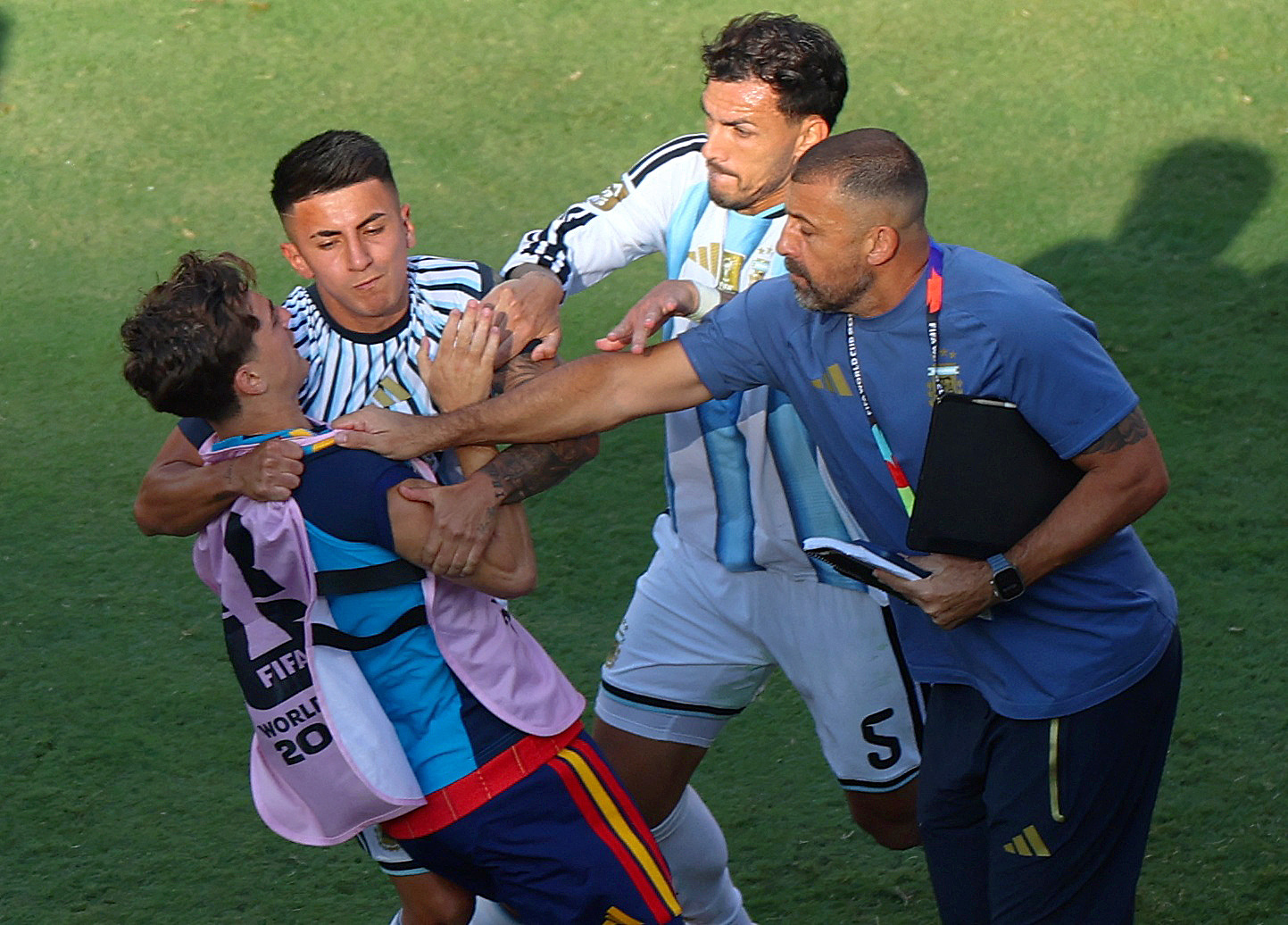Argentina's Leandro Paredes clashes with Spain's Gavi after the match as Spain wins FIFA World Cup 2026