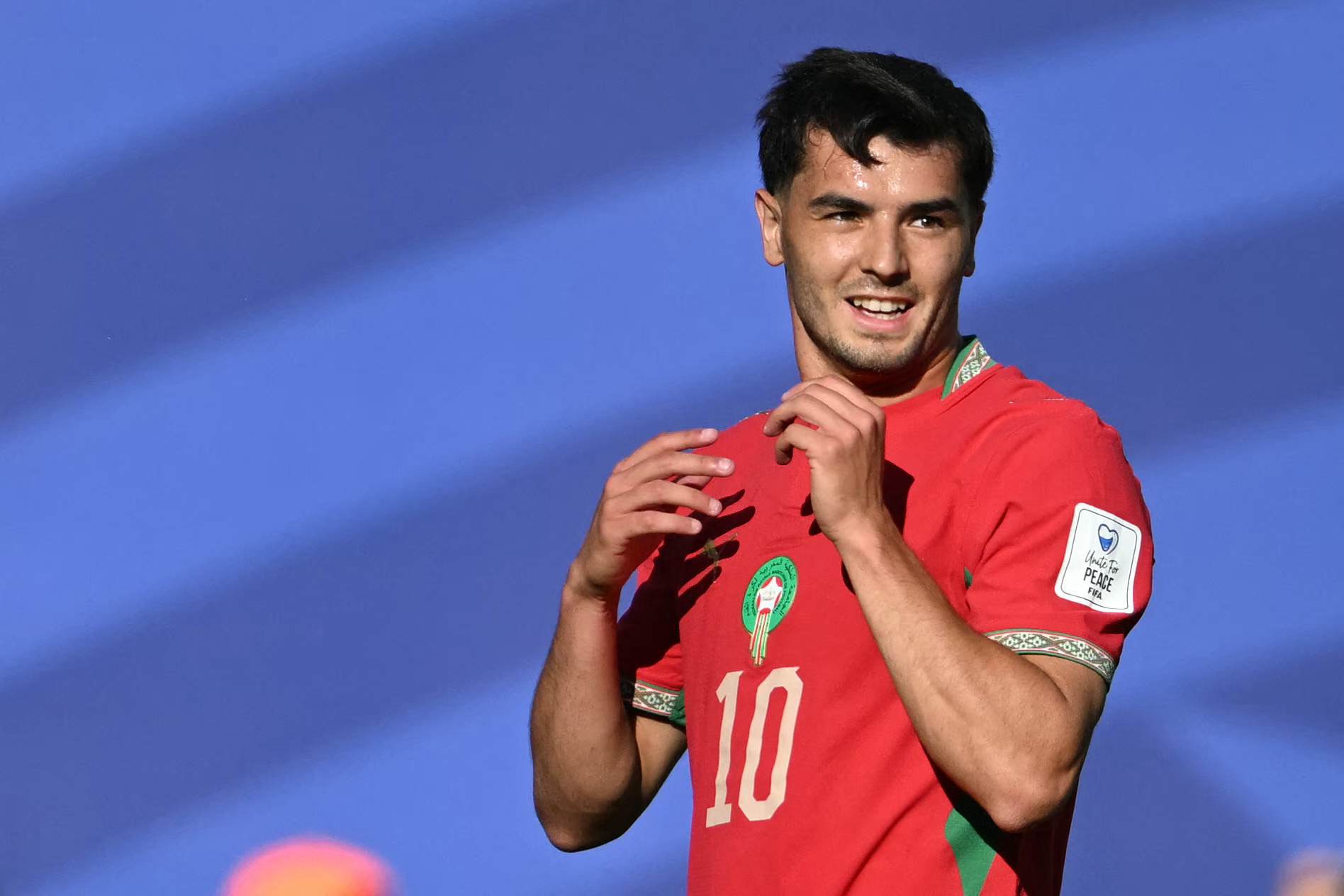 Moroccos forward #10 Brahim Diaz reacts after missing a chance during the 2026 World Cup Group C football match between Brazil and Morocco at the New York/New Jersey Stadium in East Rutherford on June 13, 2026. (Photo by Mauro PIMENTEL / AFP)