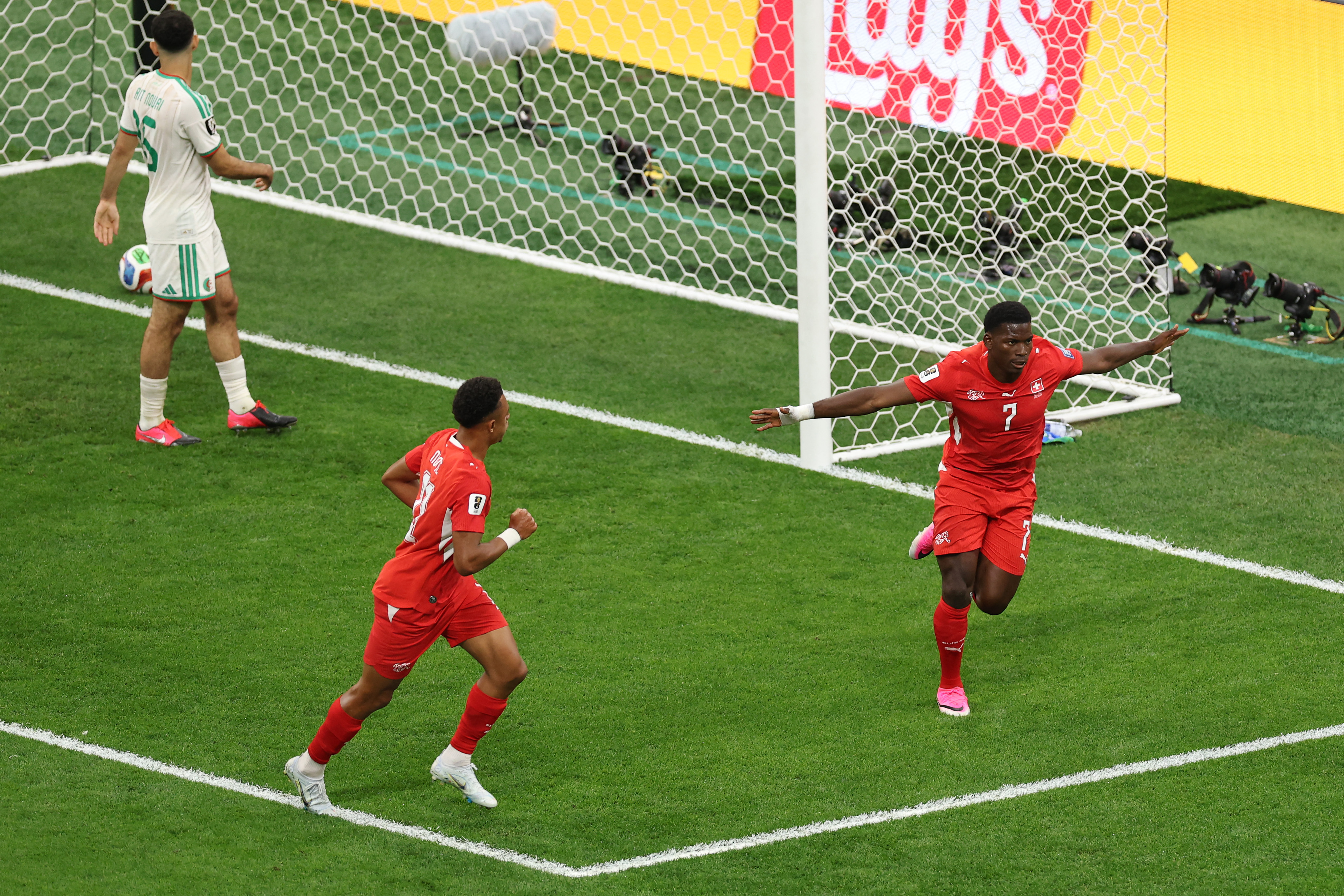 VANCOUVER, BRITISH COLUMBIA - JULY 02: Breel Embolo #7 of Switzerland celebrates scoring his team's first goal during the FIFA World Cup 2026 Round of 32 match between Switzerland and Algeria at BC Place Vancouver on July 02, 2026 in Vancouver, British Columbia. Fran Santiago/Getty Images/AFP (Photo by Fran Santiago / GETTY IMAGES NORTH AMERICA / Getty Images via AFP)