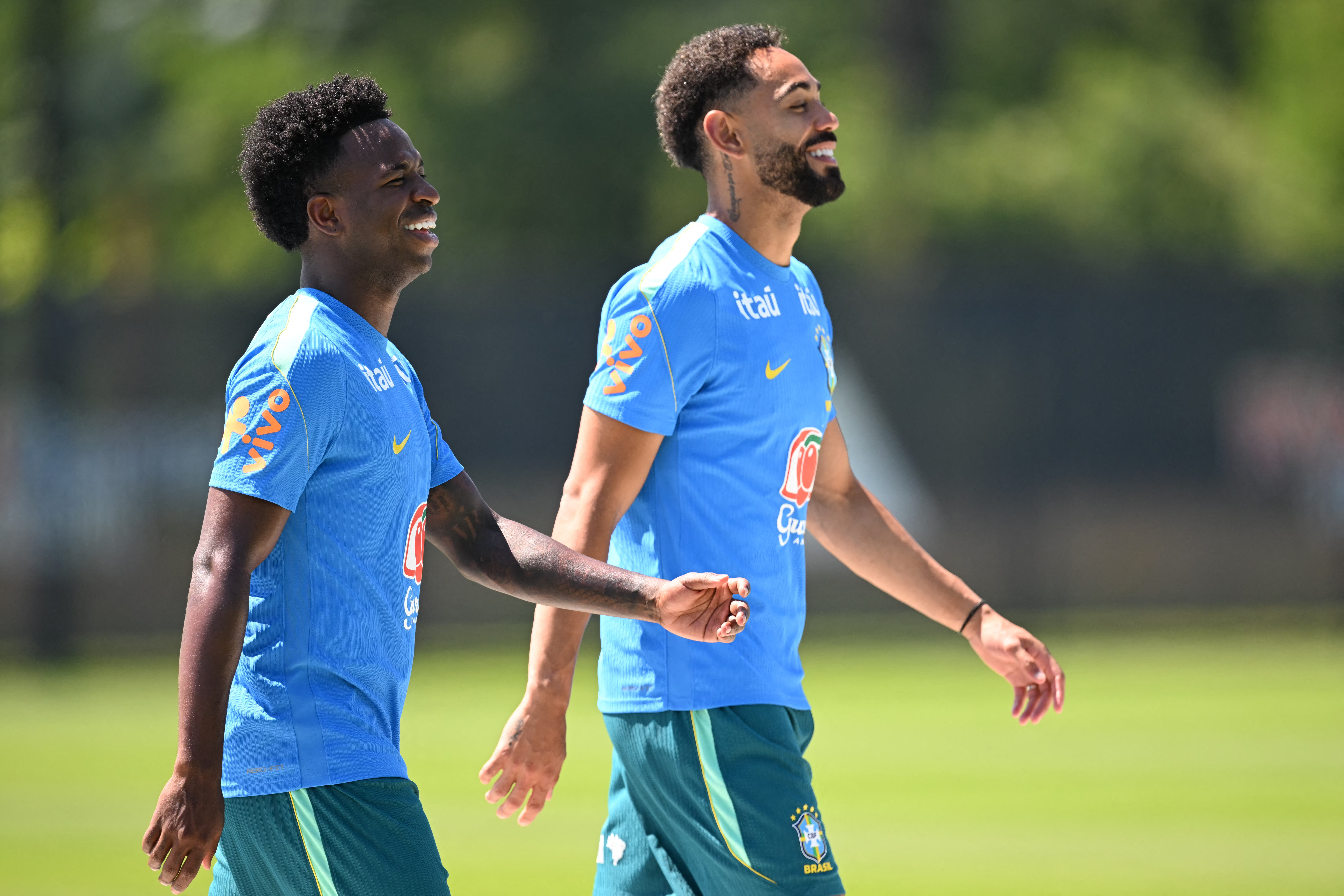 Brazil’s forward Vinicius Junior, left, and teammate Matheus Cunha during training in New Jersey before the Norway match