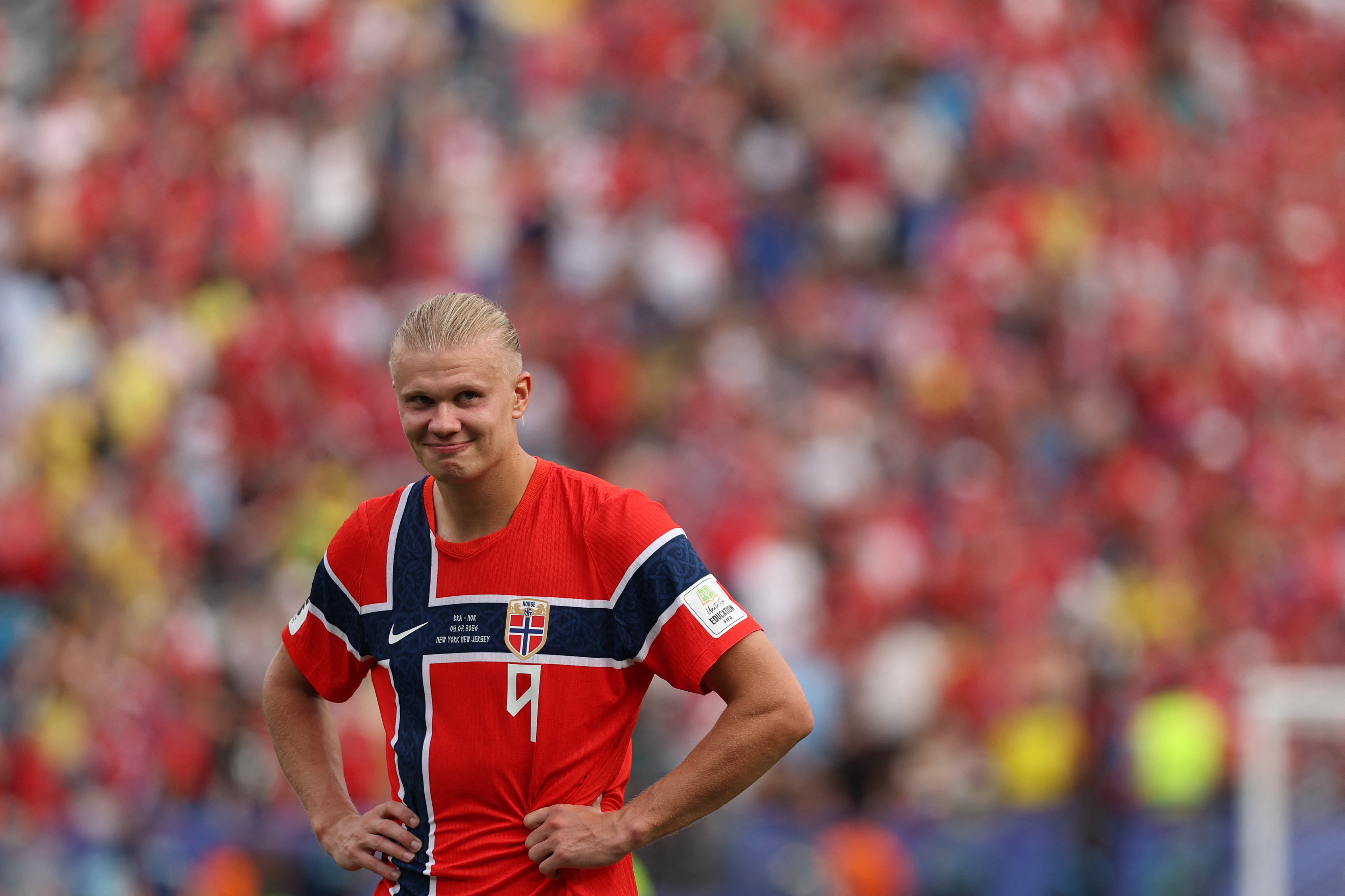 Norway's forward #09 Erling Braut Haaland smiles after winning the 2026 World Cup round of 16 football match between Brazil and Norway at the New York/New Jersey Stadium in East Rutherford on July 5, 2026. (Photo by Odd ANDERSEN / AFP)