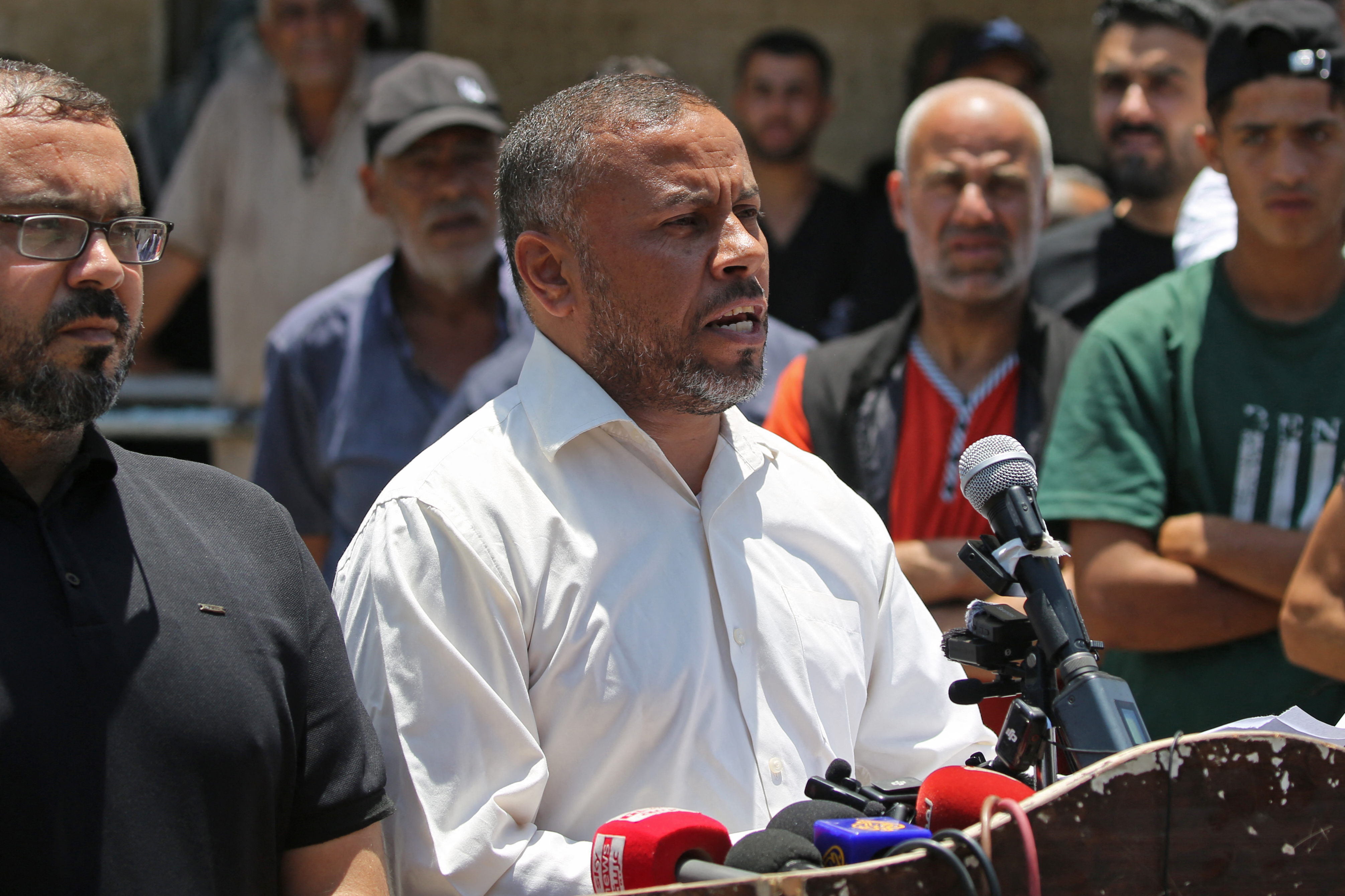 Ismail al-Thawabta, head of Hamas' government media office, addresses a press conference at the Al-Aqsa Hospital in Deir al-Balah, central Gaza on July 6, 2026.