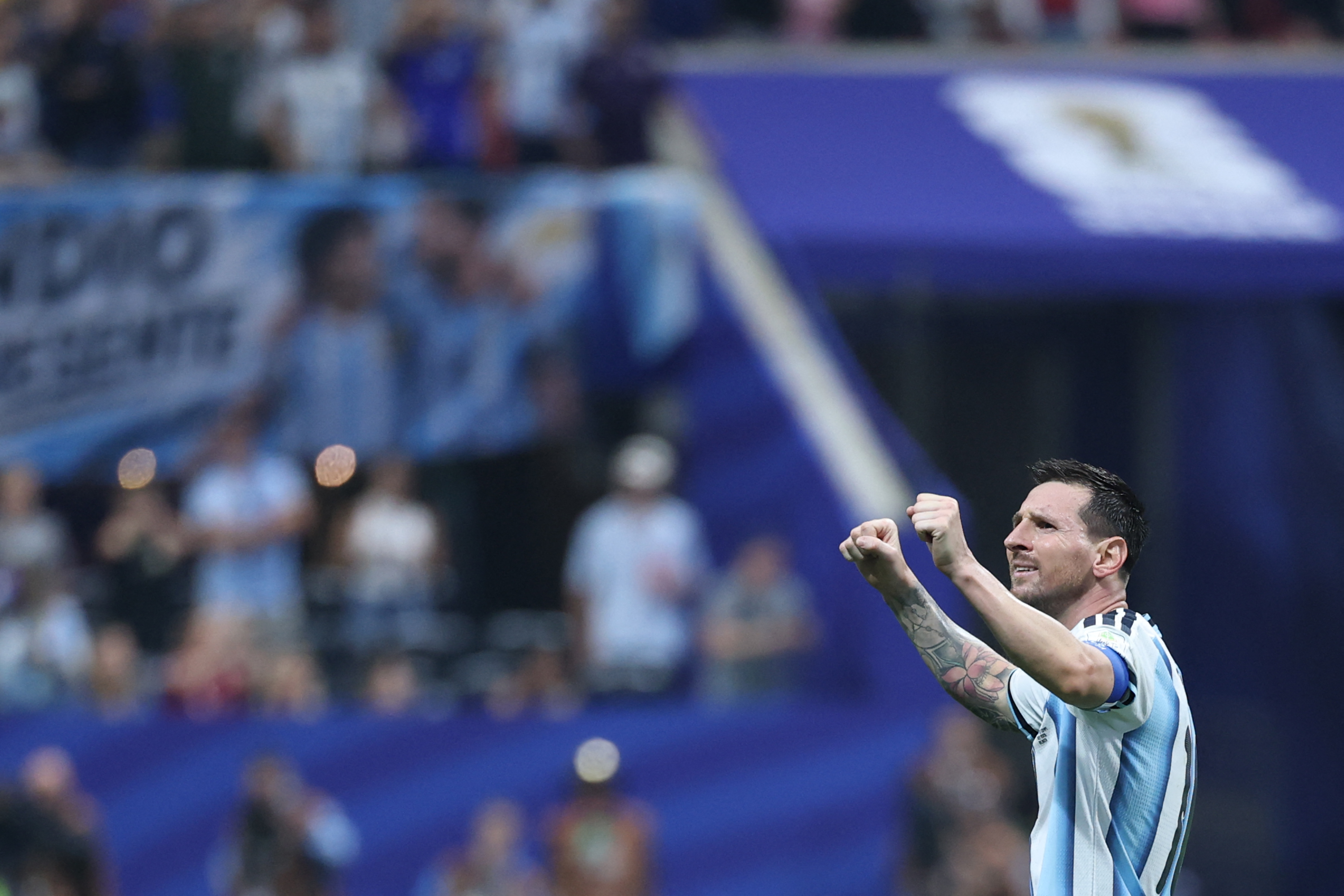 Argentina's forward #10 Lionel Messi celebrates.