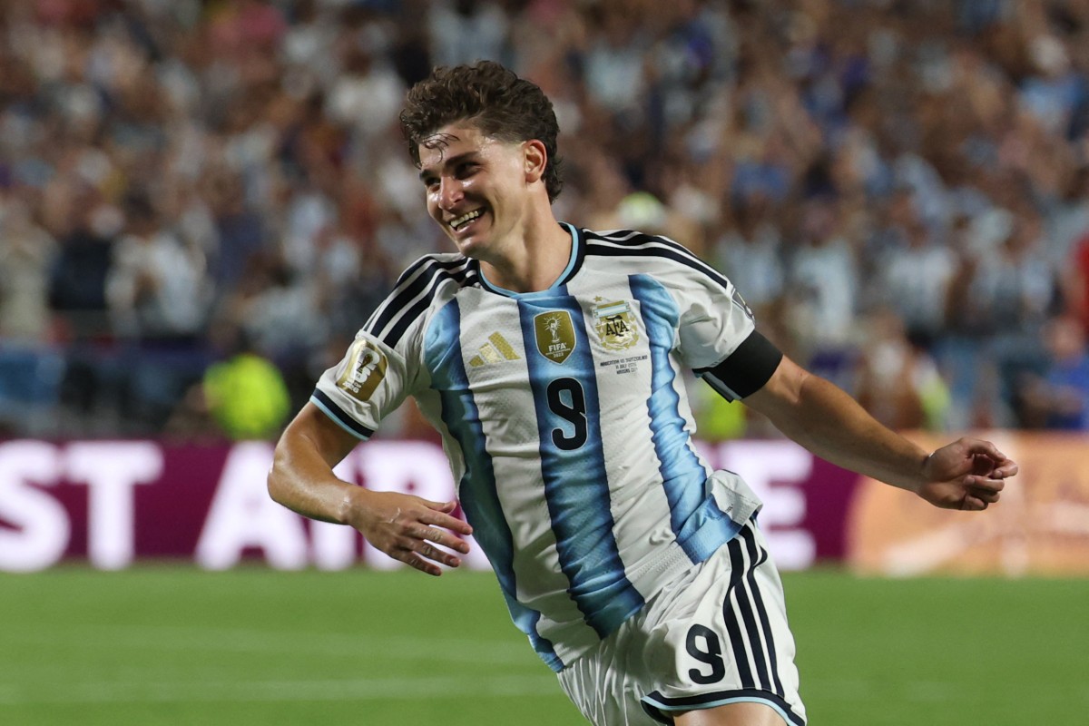 Argentina's forward #09 Julian Alvarez celebrates scoring his team's second goal during the 2026 World Cup football tournament quarter-final match between Argentina and Switzerland