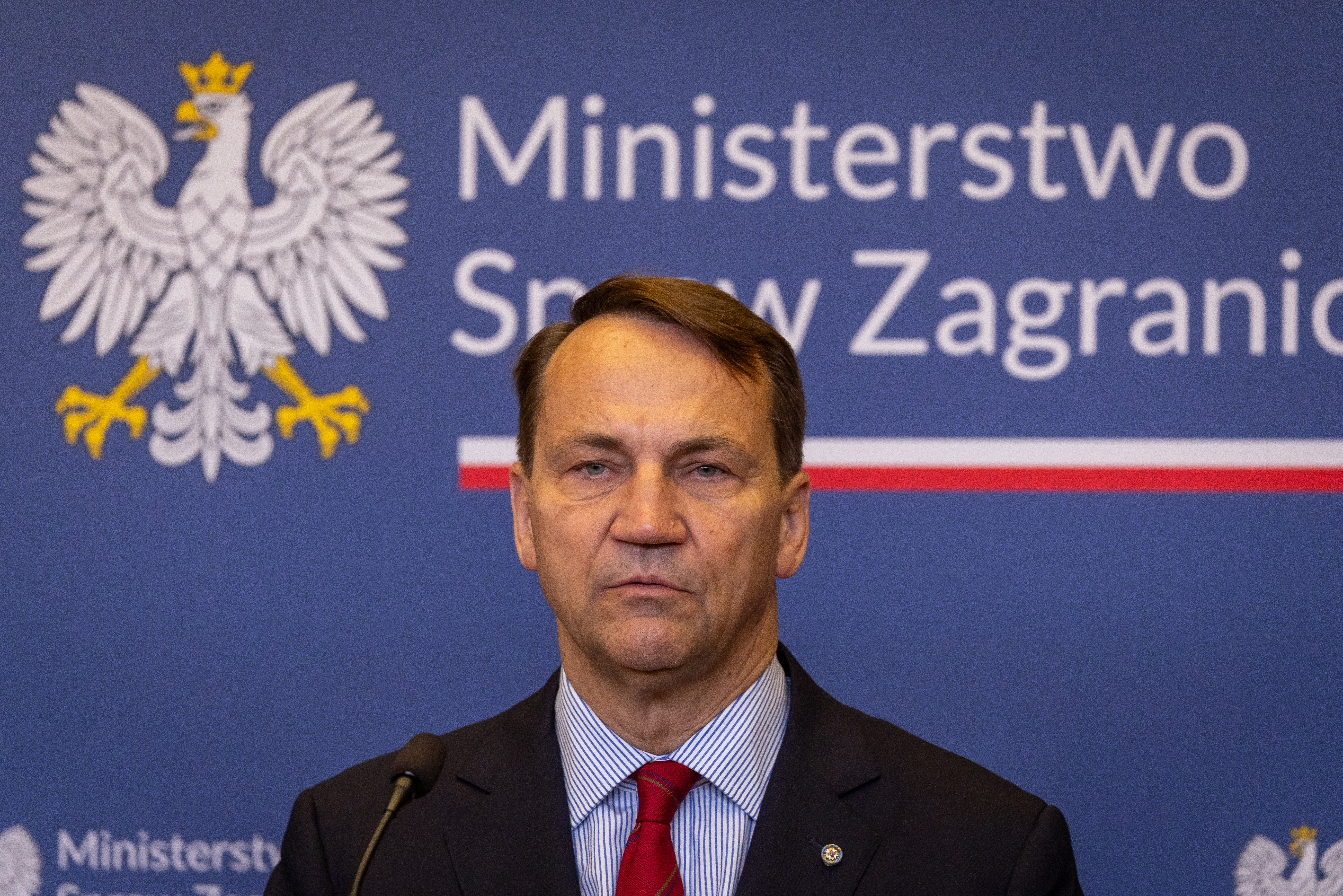 Poland's Foreign Minister Radoslaw Sikorski holds a press conference in Warsaw, Poland on July 10, 2026.