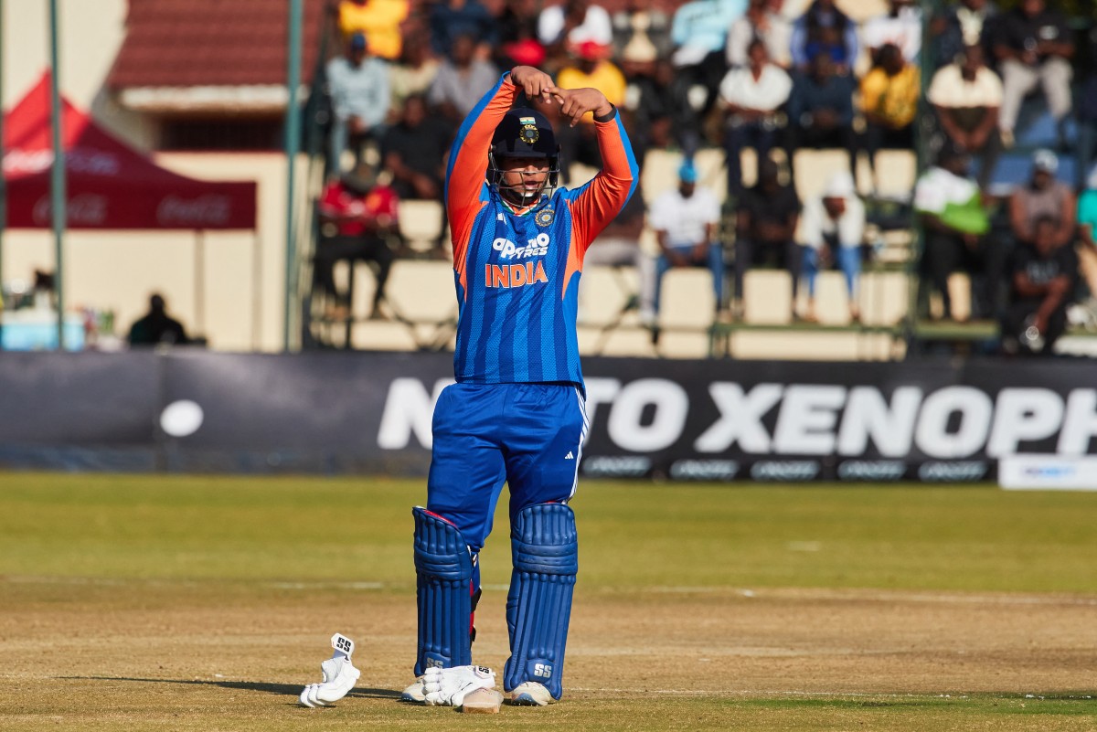 India's Vaibhav Sooryavanshi gestures as he celebrates 50 runs during the first match in the One Day International cricket series played between Zimbabwe