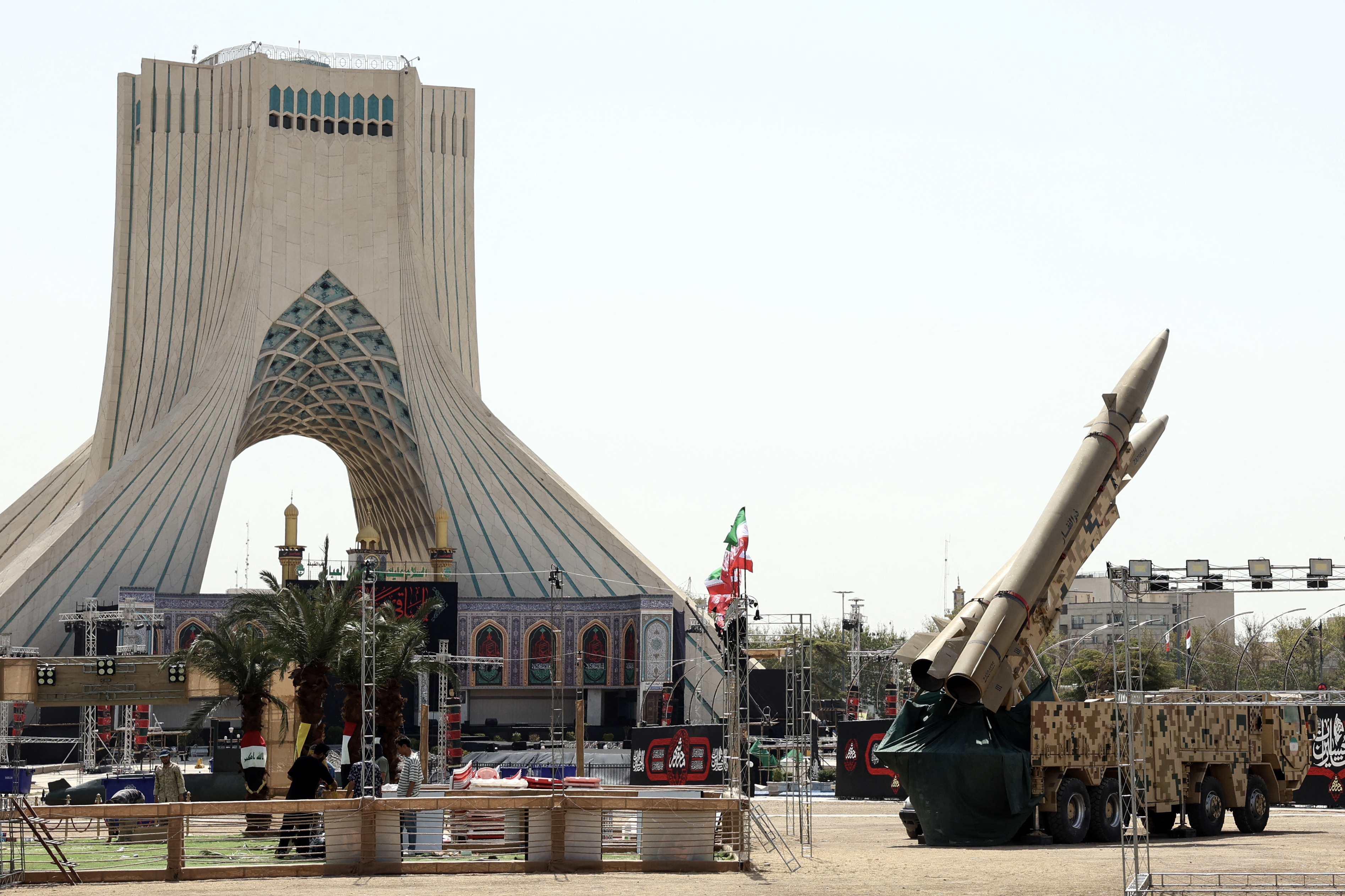 Iranian-made Zolfaghar missiles are displayed at Azadi Square in Tehran on July 24, 2026. Iran's army said on July 24 it carried out drone strikes against several American military facilities and bases in Bahrain and Jordan in retaliation for the latest US attacks against the Islamic republic.