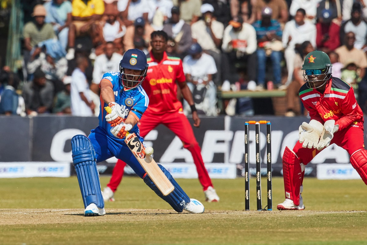 India's Ishan Kishan plays a shot during the second Twenty20 international cricket match between Zimbabwe and India at Harare Sports Club