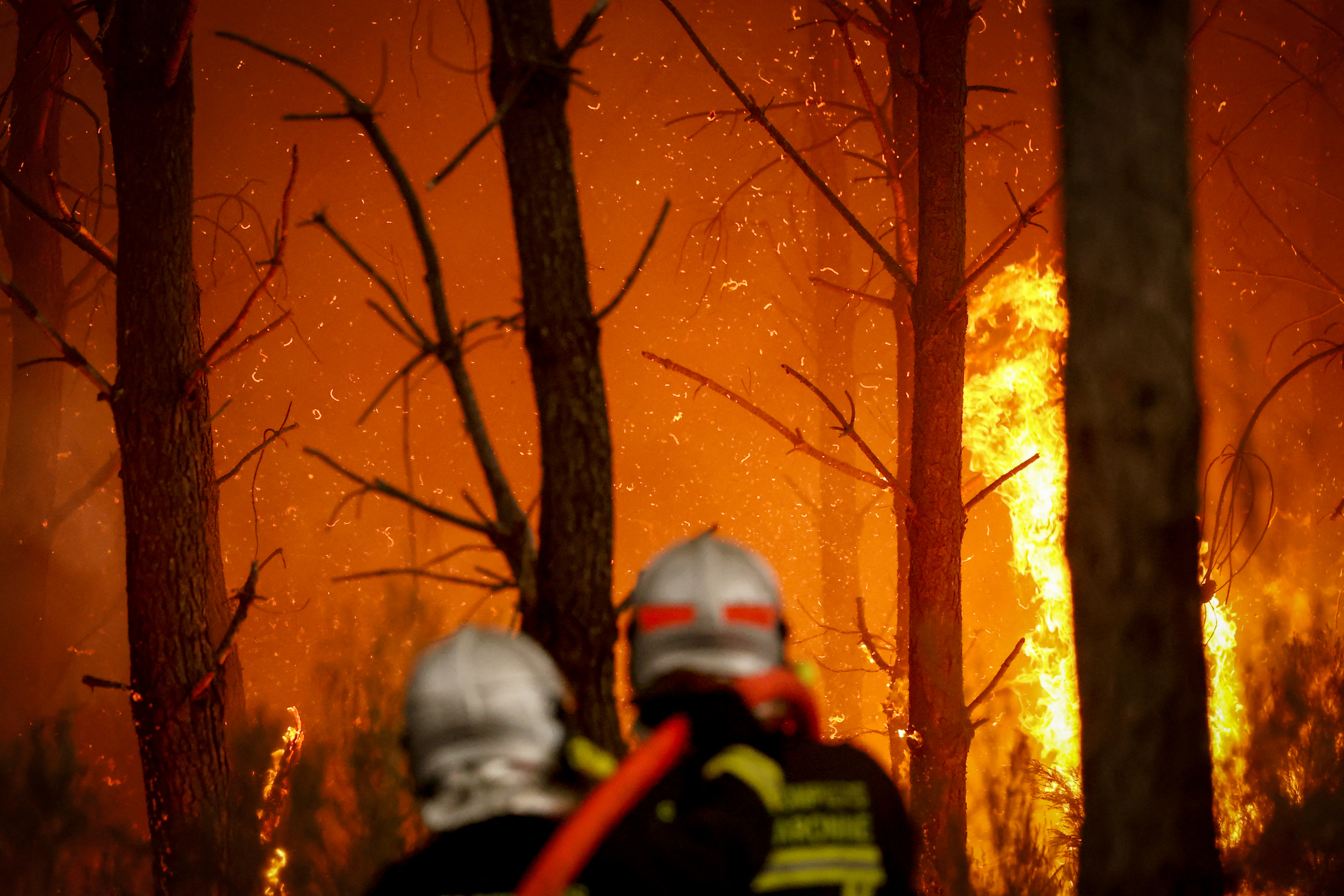 Firefighters battle a forest fire in Saint-Jean-d'Illac, some 30km from Bordeaux,