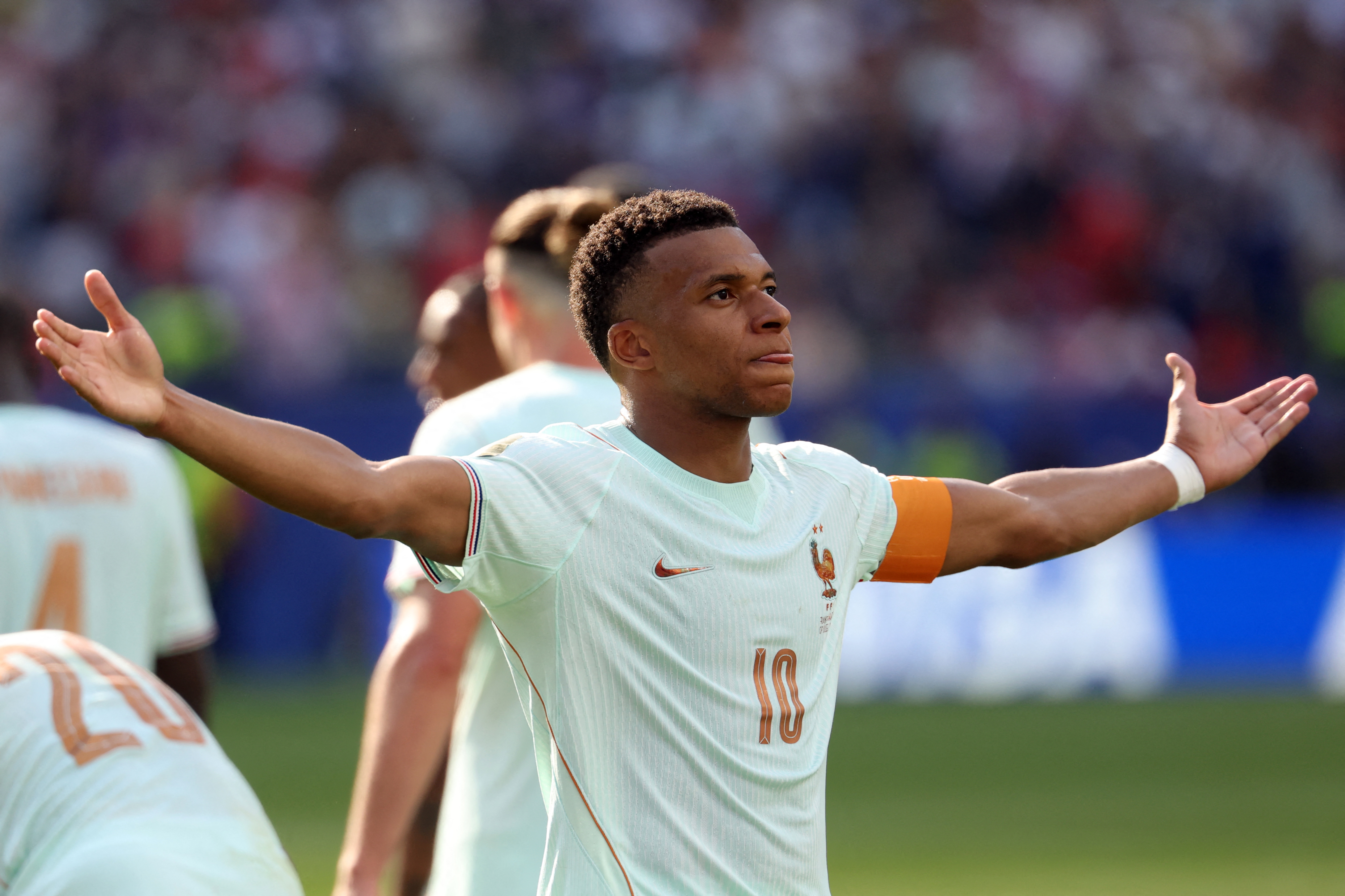 France's forward #10 Kylian Mbappe celebrates scoring his team's first goal during the 2026 World Cup football tournament quarter-final match between France and Morocco at Boston Stadium in Foxborough on July 9, 2026.