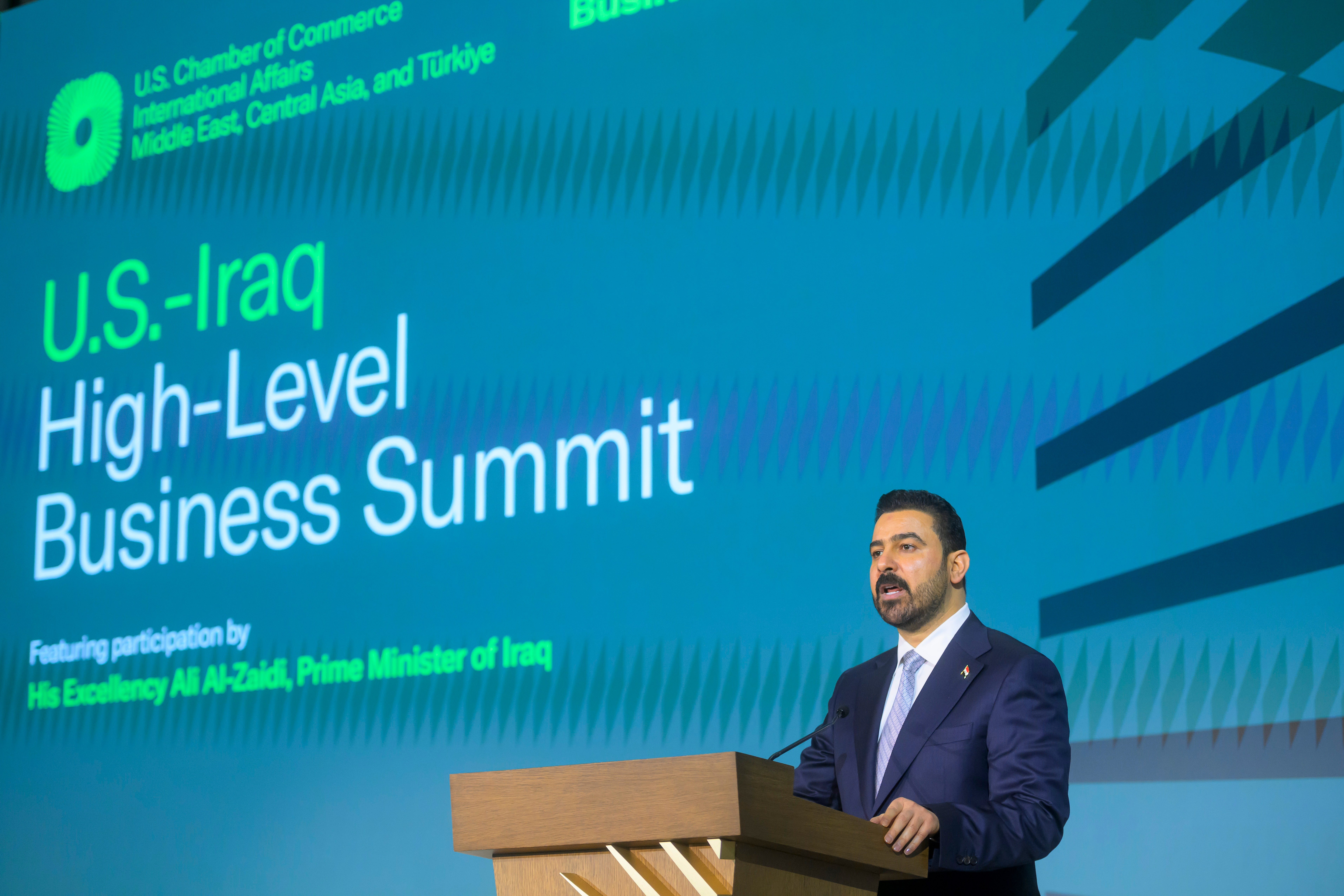 Iraqi Prime Minister Ali al-Zaidi speaks at the U.S. Iraq Business Summit at the U.S. Chamber of Commerce, Friday, July 17, 2026, in Washington. (AP Photo/Rod Lamkey, Jr.)