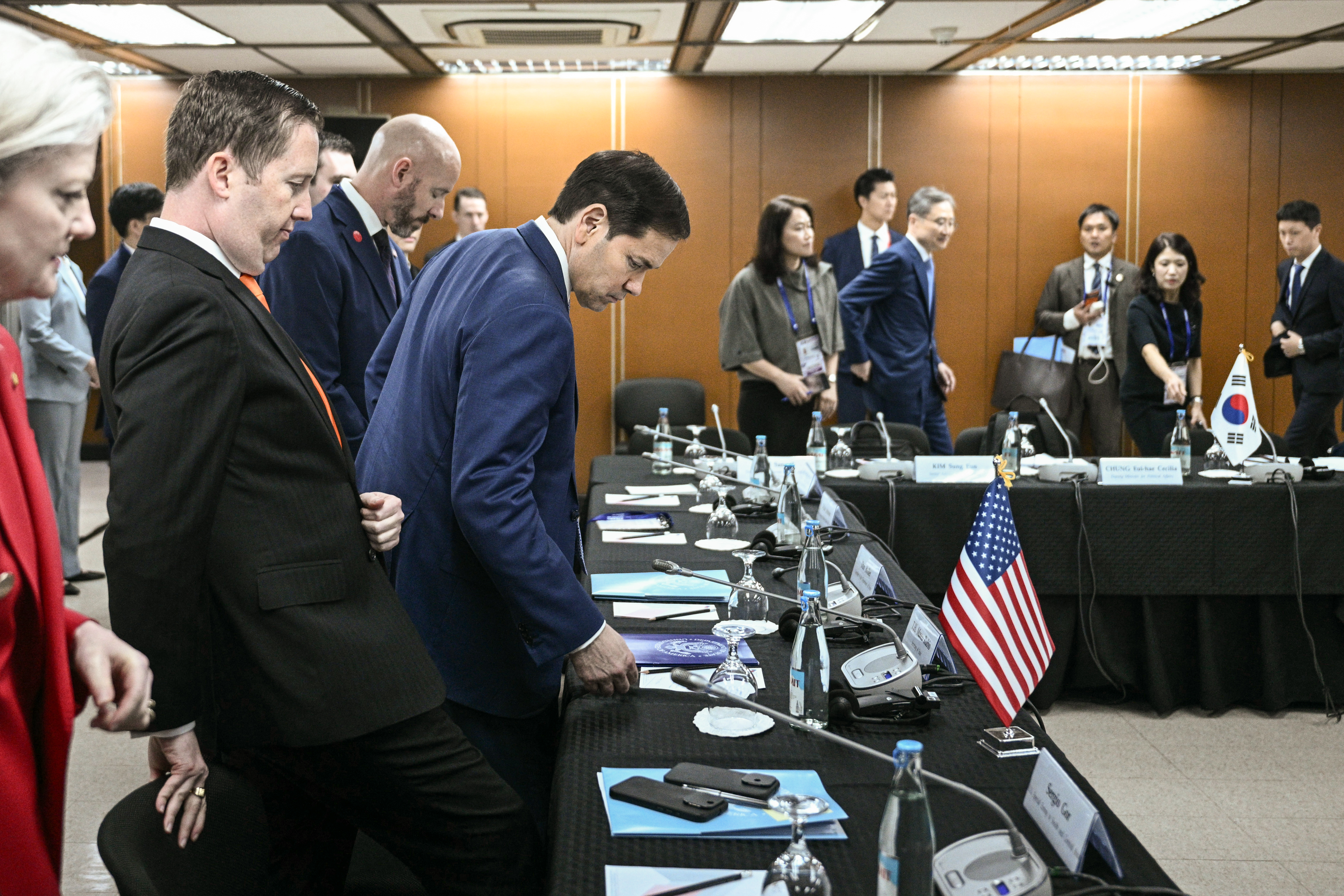 Secretary of State Marco Rubio, center, attends a meeting with Japan and South Korea on the sidelines of the Association of Southeast Asian Nations (ASEAN) Foreign Ministers' Meeting in Pasay, Metro Manila, Philippines Wednesday, July 22, 2026. (Brendan Smialowski/Pool Photo via AP)