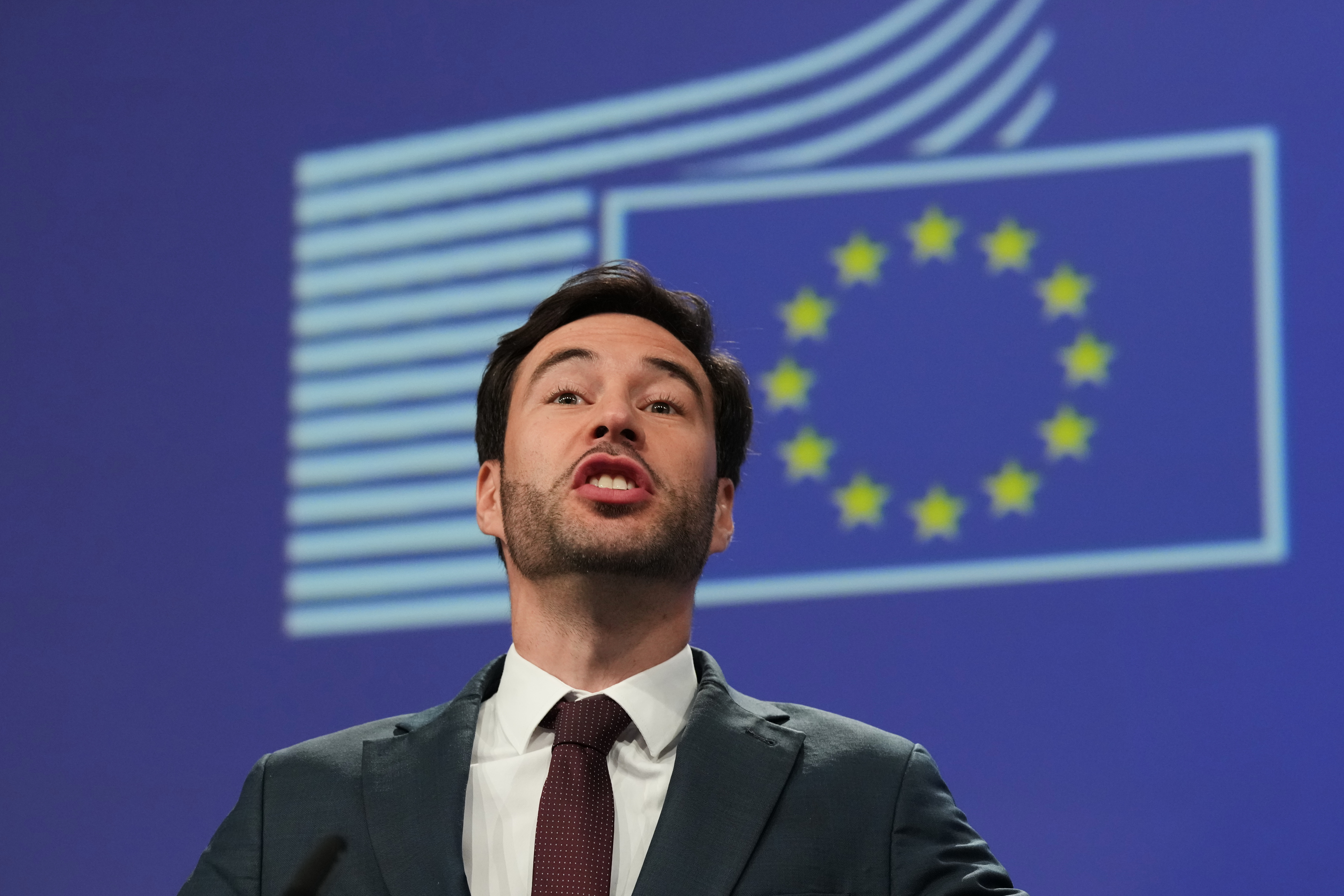 European Commission spokesman Thomas Regnier speaks during a media conference regarding a fine against Google at EU headquarters in Brussels, Thursday, July 23, 2026. (AP Photo/Virginia Mayo)